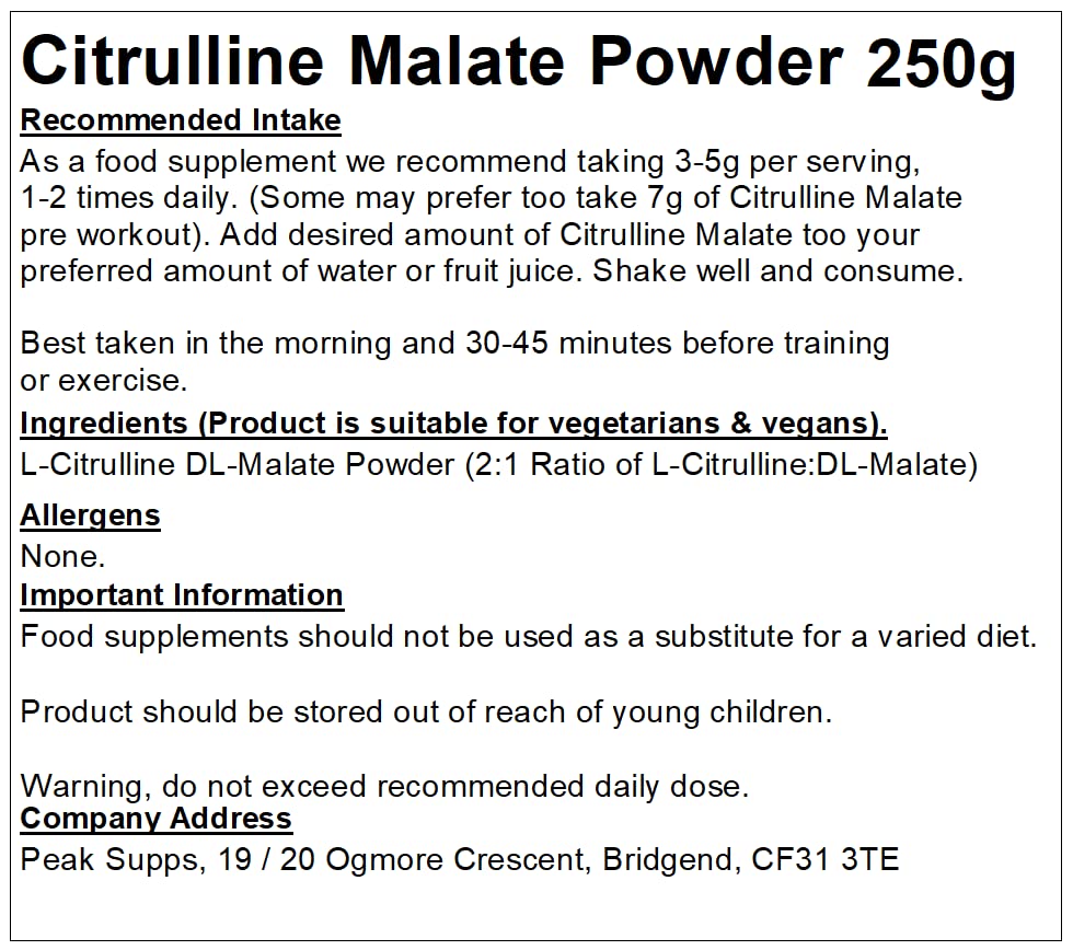 Premium Citrulline Malate Powder 2:1 Ratio - 250g Pure L-Citrulline Supplement for Muscle Recovery, Endurance & Workout Performance - Ideal for Athletes, Bodybuilders & Fitness Enthusiasts