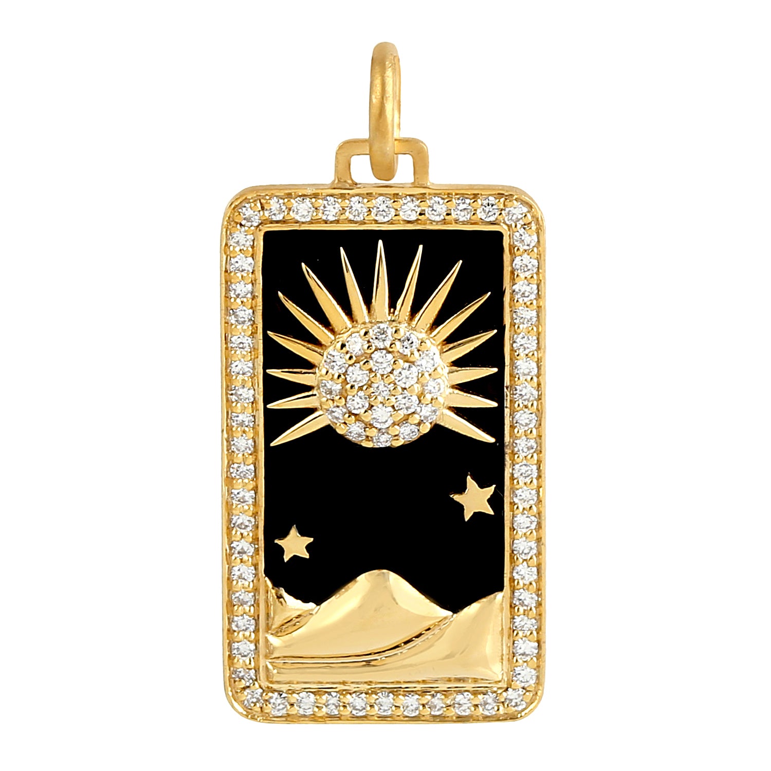 14K Yellow Gold Sun & Desert Design Pave Diamond Tarot Card Enamel Pendant Necklace - Perfect for Spiritual Jewelry Lovers, Tarot Readers & Boho Fashion