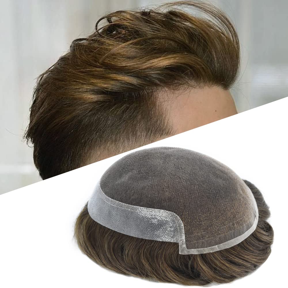 Premium Swiss Lace Toupee for Men - 7x9 Inch Human Hair Replacement System (Dark Brown #3, Medium-Light to Medium Density) - Natural Looking Hairpiece for Thinning Hair & Baldness Cover - Perfect for Daily Wear, Special Occasions & Confidence Boost