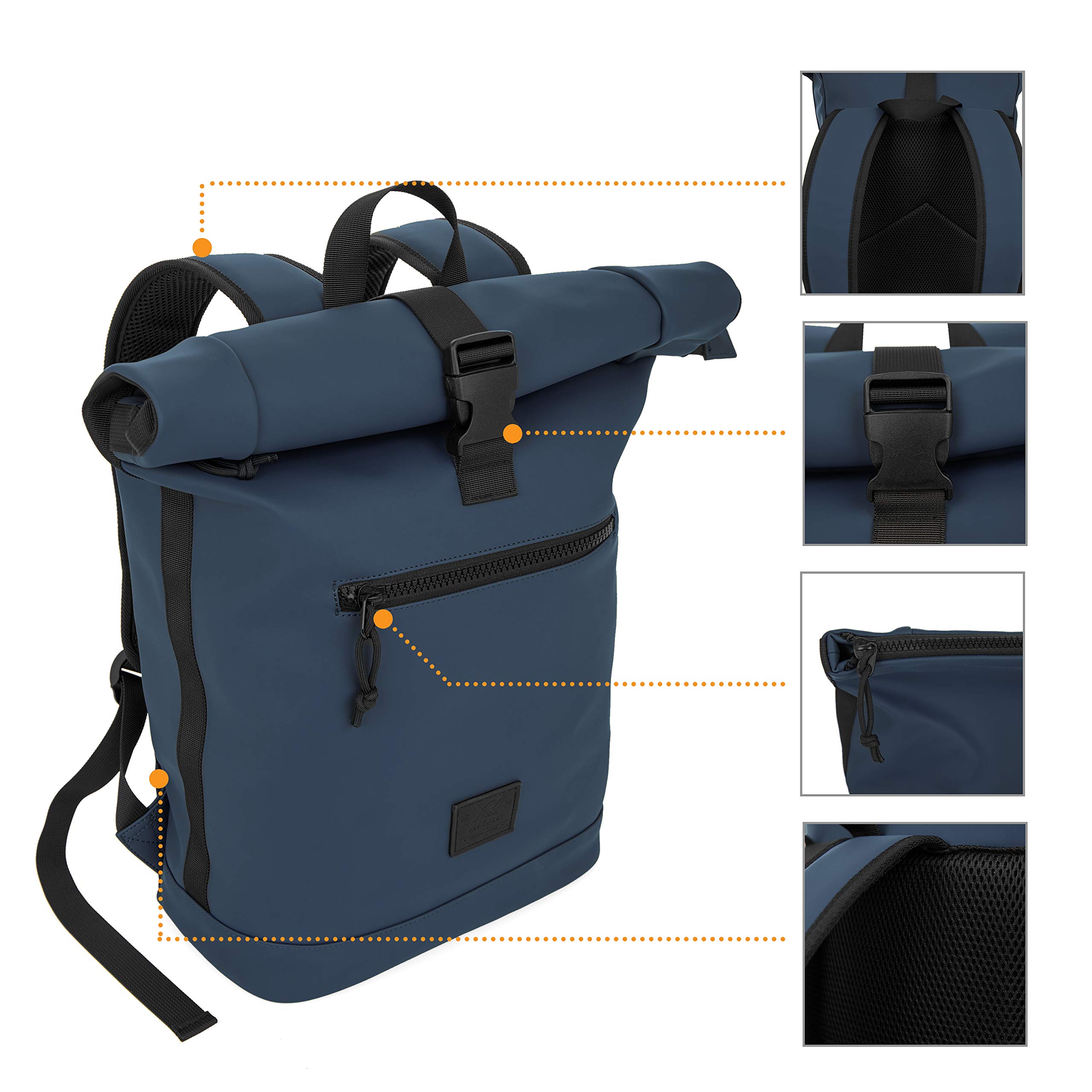 X RAY Roll Top Laptop Backpack for Men & Women - Waterproof PU Leather Expandable 22L Backpack with Adjustable Capacity, Fits 15.6 Inch Laptop (Navy) - Perfect for Work, Travel & College