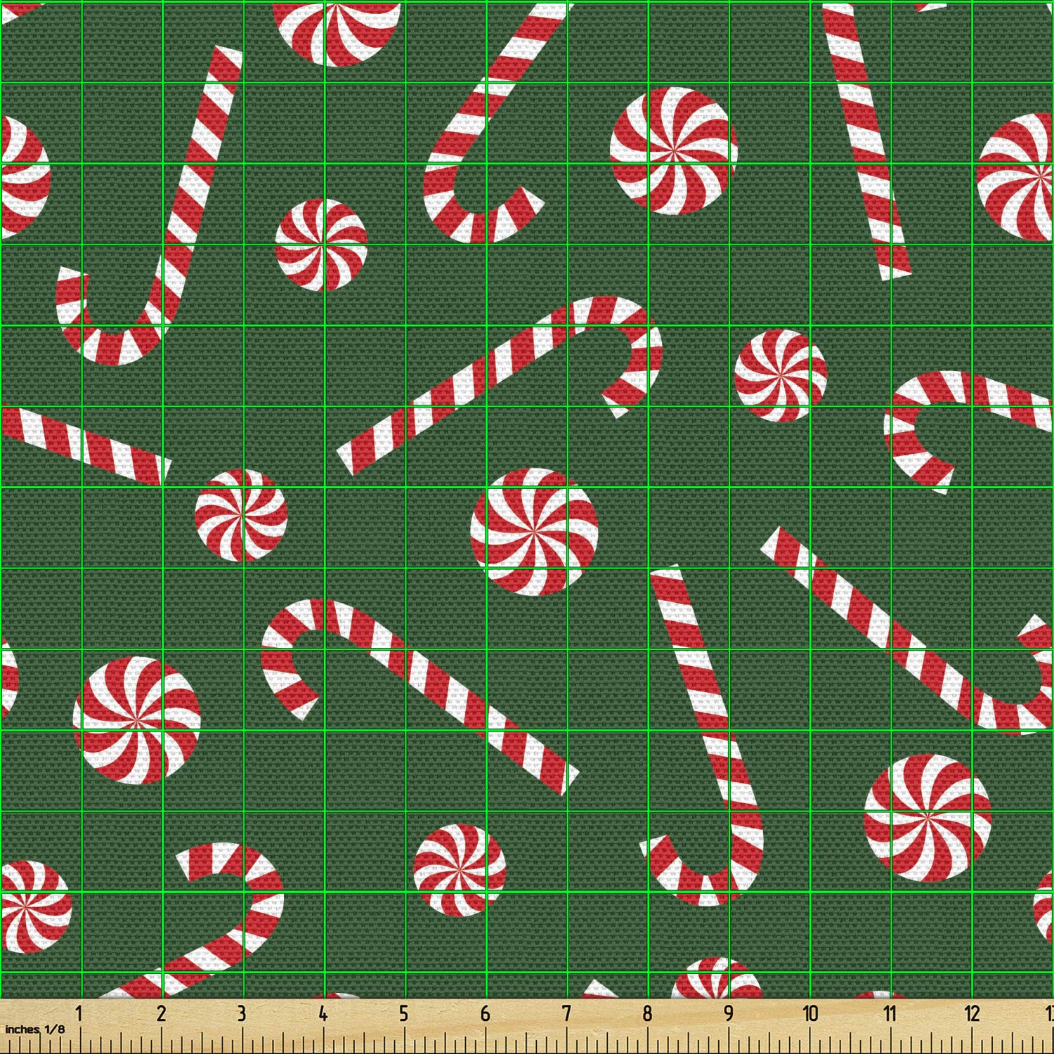 Lunarable Candy Cane Print Fabric by The Yard - Christmas Holiday Sweets & Lollipop Pattern in Fern Green, Vermilion and White - Upholstery & Home Decor Fabric for DIY Projects, Table Runners, Stockings & Holiday Decorations