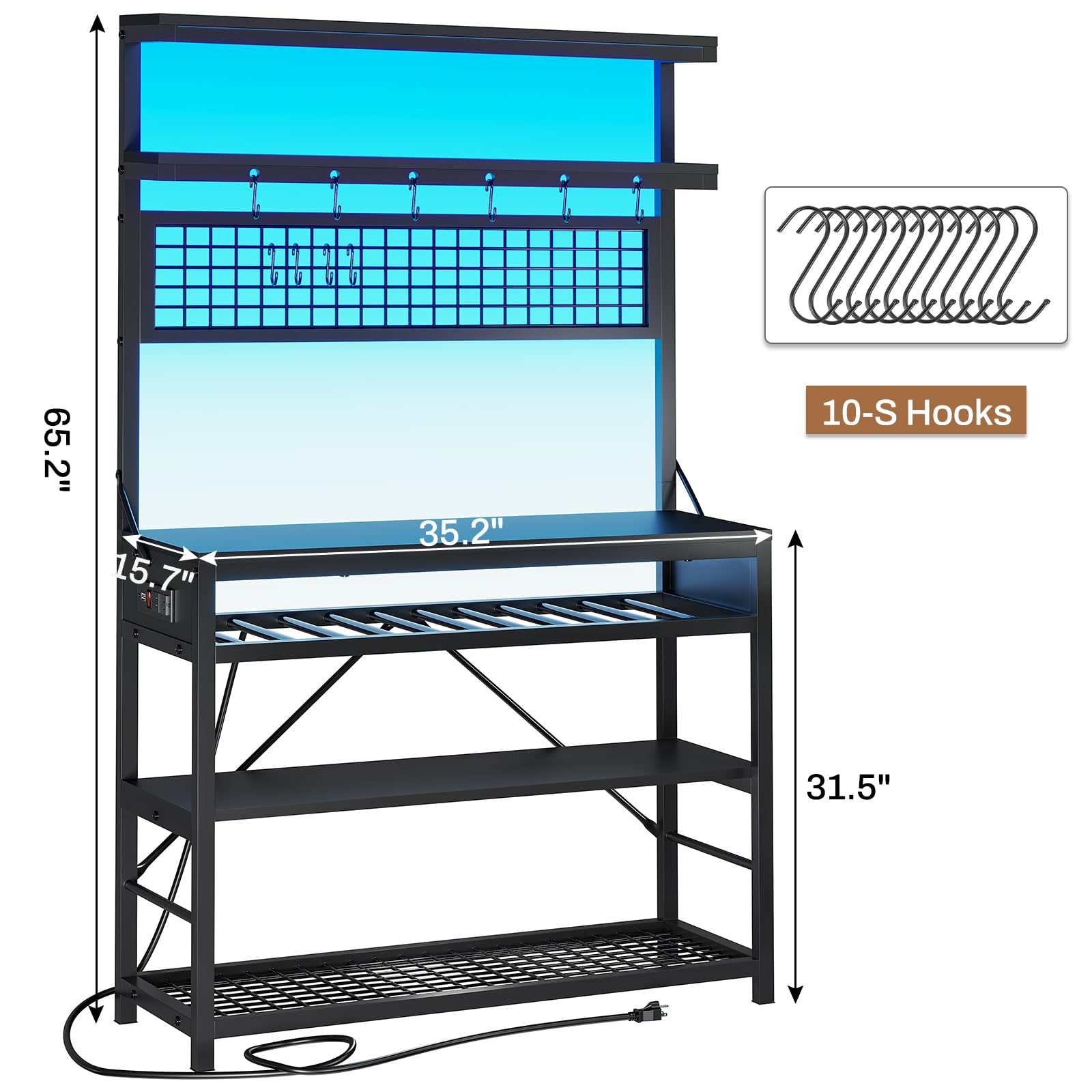 **Itaar 6-Tier Bakers Rack with Power Outlet, Coffee Bar & Microwave Stand – Includes Wine Rack, LED Lights & 10 Hooks – Kitchen Storage Organizer for Small Spaces, Black – Perfect for Coffee Stations, Pantry Organization & Home Decor**