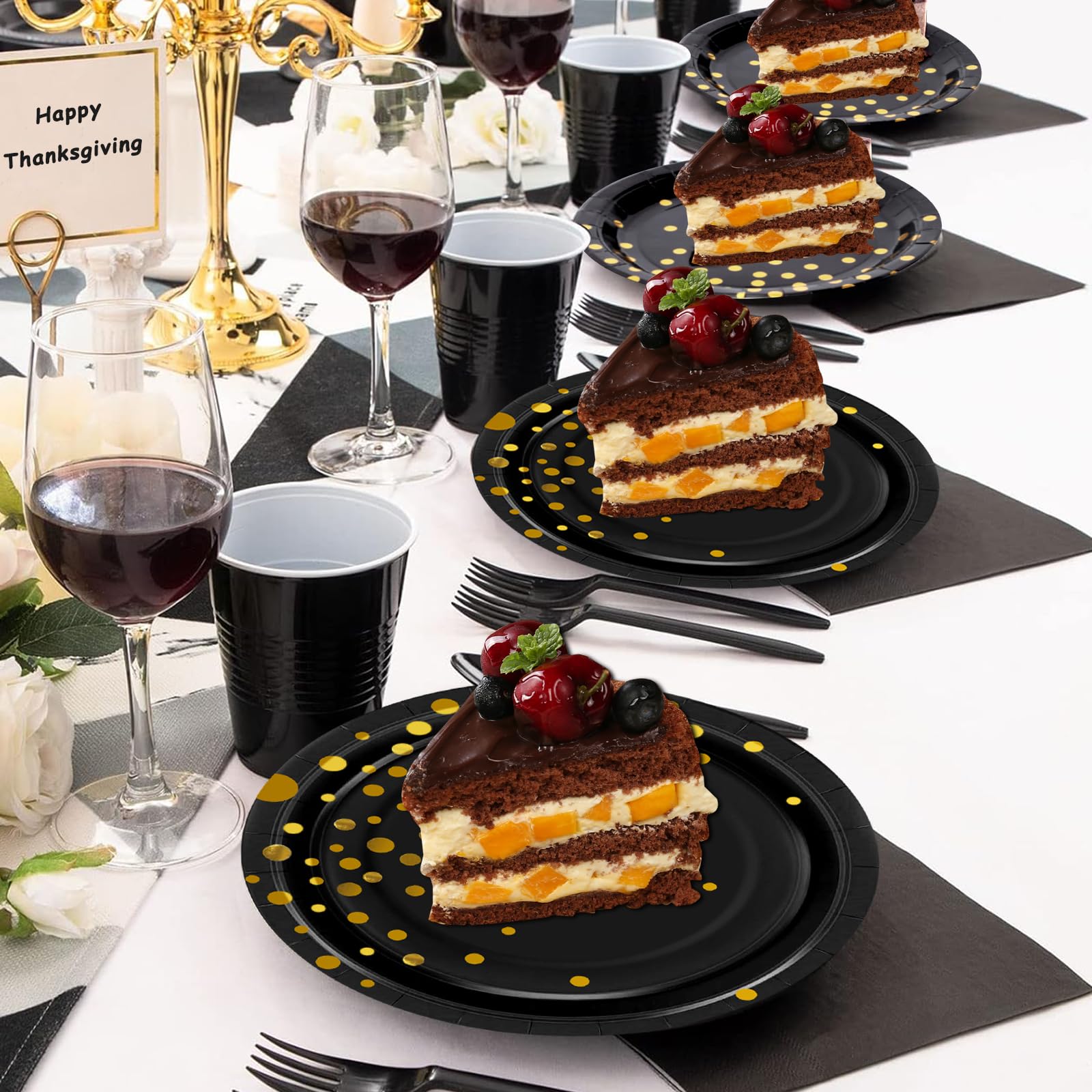 Black and Gold Disposable Paper Dessert Plates 7 Inch (50-Pack) - Elegant Gold Dot Cake Plates for Parties, Halloween, Birthdays & Special Events - Perfect for Desserts, Snacks & Beautiful Party Decorations