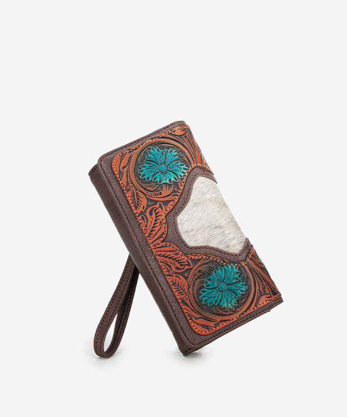 Trinity Ranch Floral Tooled Hair-On Cowhide Leather Wallet for Men & Women - Stylish Western Bifold Wallet for Everyday Use, Travel & Gifts