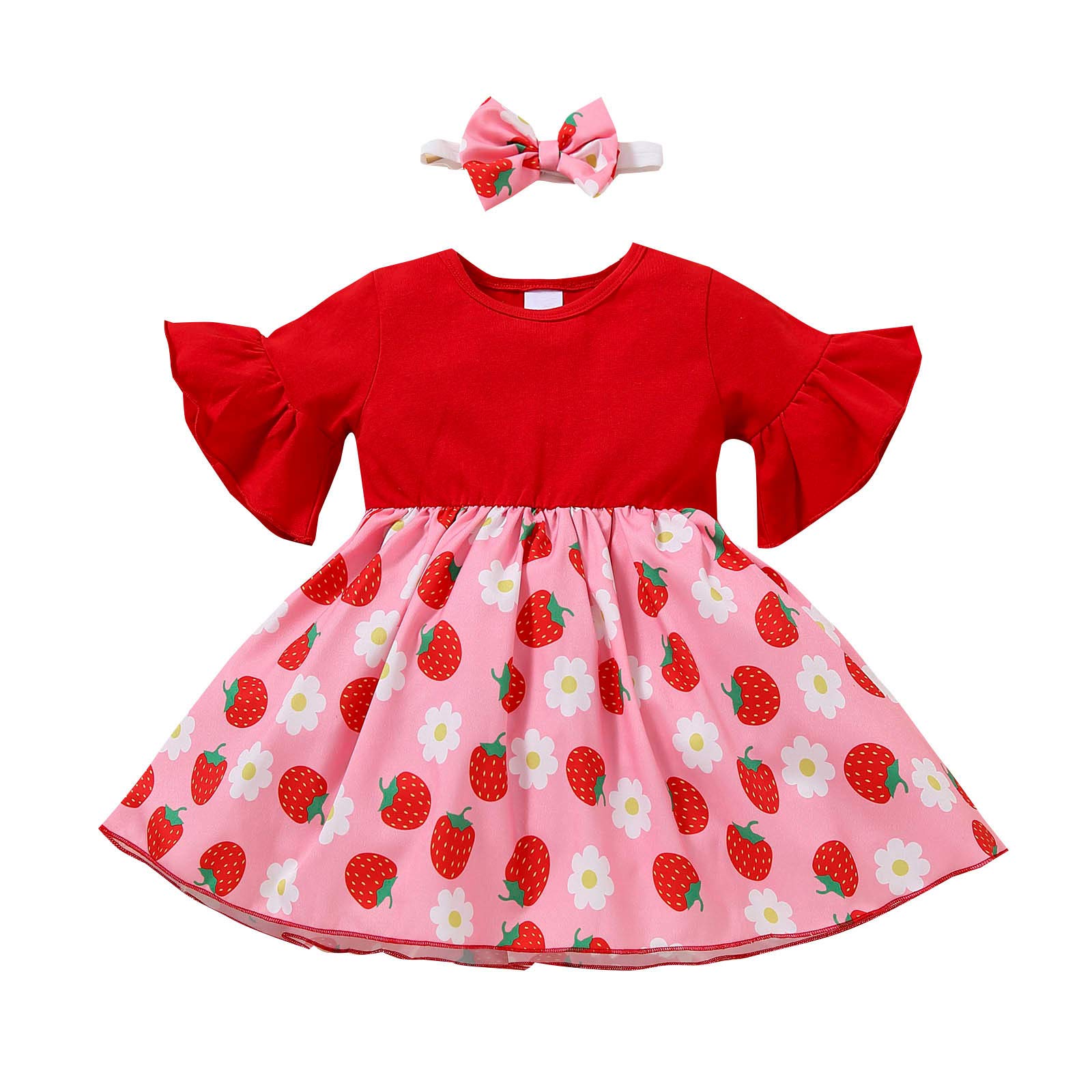 Ahualy Toddler Baby Girls Flared Sleeve Strawberry Banana Print Ruched Princess Dress with Headband - Cute Outfit for Birthday Party, Photo Shoot & Special Occasions