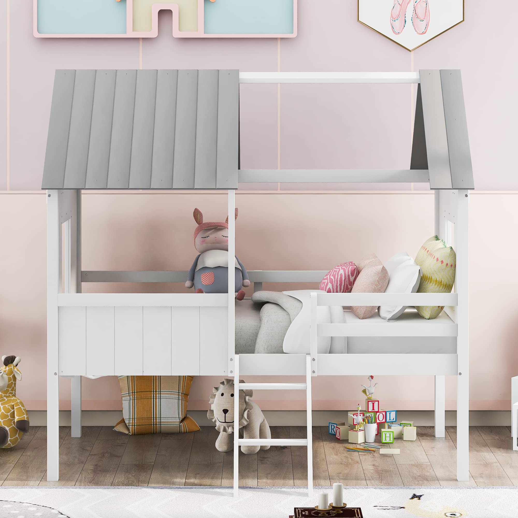 Harper & Bright Designs Twin Size Wooden House Bed Frame for Kids & Teens - Low Loft Bed with Side Windows & Roof - No Box Spring Needed (White+Gray) - Perfect for Small Bedrooms, Playrooms & Kids' Sleepovers