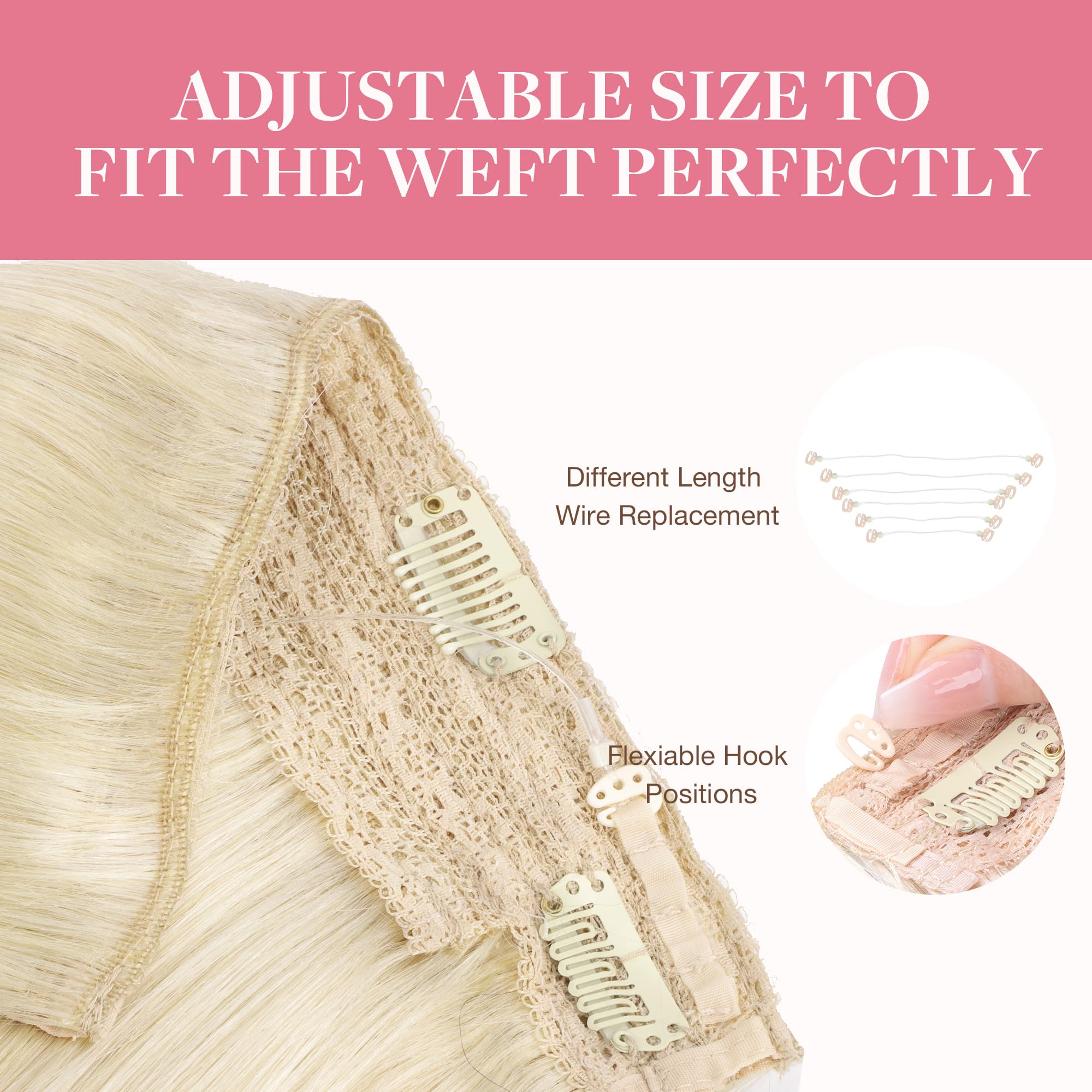 GOO GOO 20Inch 60C Platinum Blonde Human Hair Extensions - 110g Invisible Wire Hairpiece with Transparent Seamless Fish Line for Natural Look | Perfect for Weddings, Parties & Daily Styling