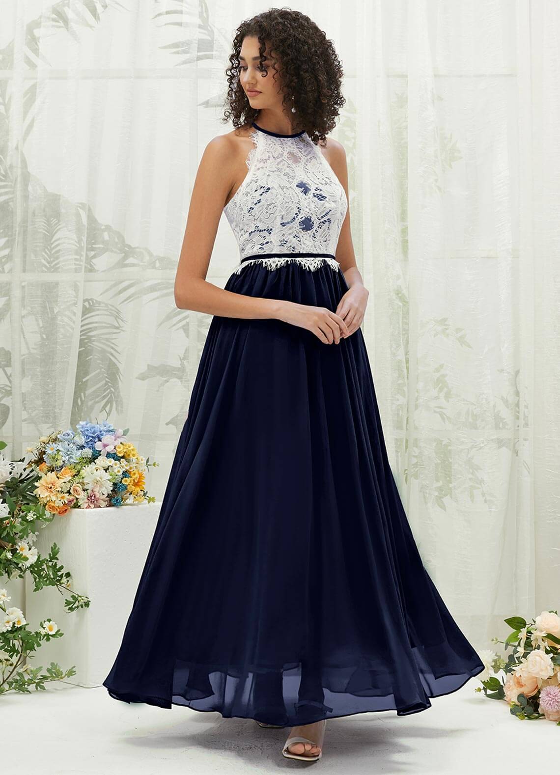 Elegant Dark Navy Lace Halter Neck Backless Chiffon Slit Bridesmaid Dress - Perfect for Weddings, Formal Events & Evening Parties