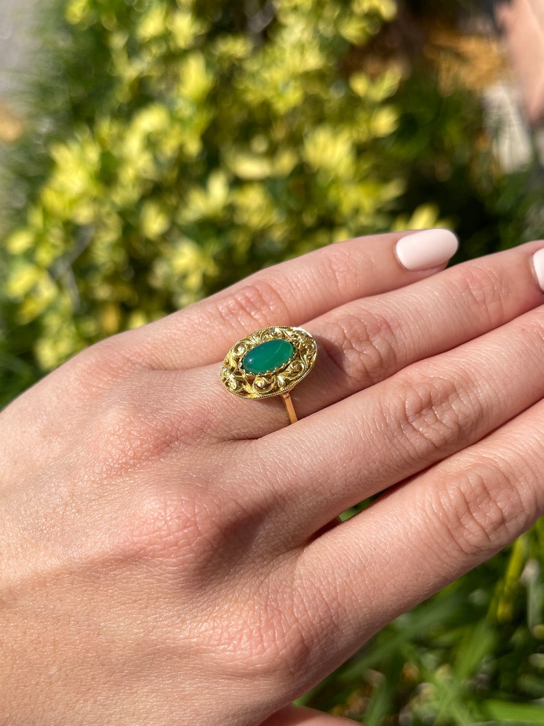 2.03 Carat Natural Emerald Elongated Cabochon Oval Handmade Floral Vintage Ring in 18K Gold - Perfect for Weddings, Anniversaries & Special Occasions