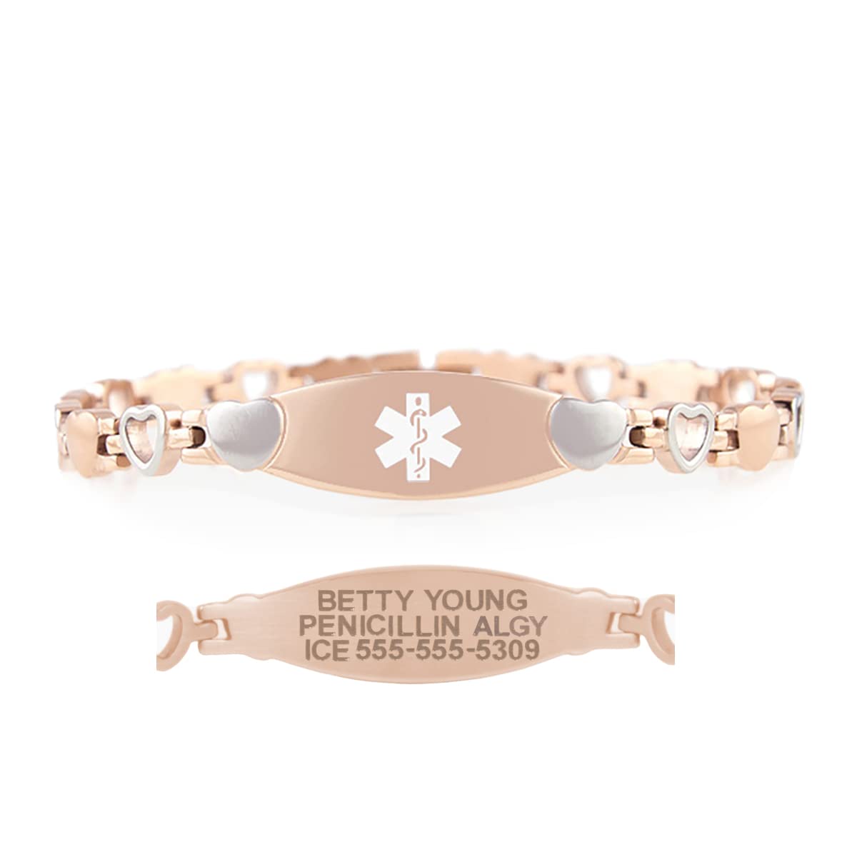 Lauren's Hope Stylish Medical Alert Bracelets for Women - Stainless Steel Rose Gold, Gold & Silver Heart Link Bracelet with Free Custom Engraving | Waterproof Medical ID Jewelry | 1 Year Warranty | Perfect for Daily Wear, Emergency Identification & Fashion Accessories