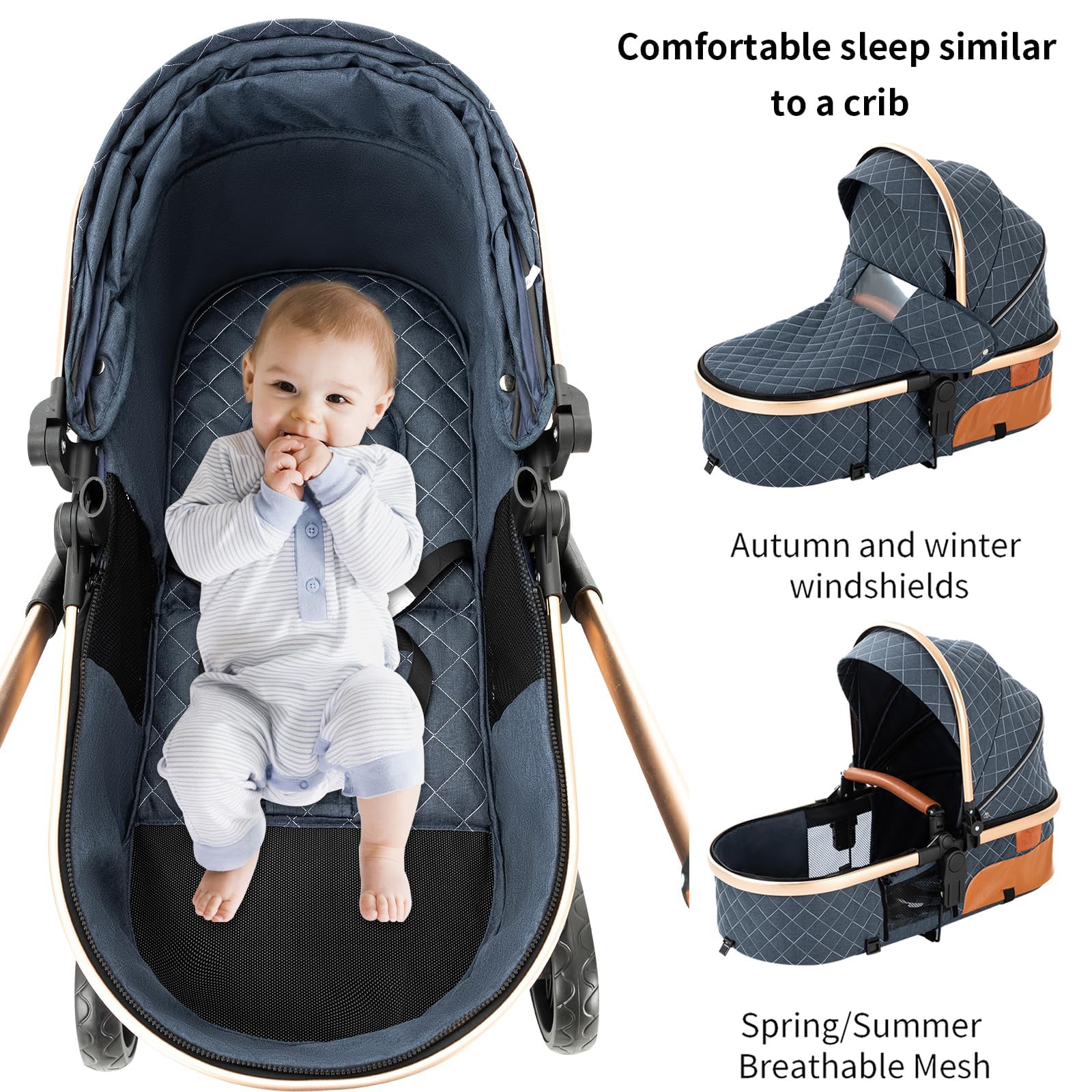 2 in 1 Convertible Baby Stroller with Bassinet - Reversible Standard Pram, Portable Foldable Pushchair for Newborn & Toddler | Lightweight Travel Buggy & High Landscape Carriage (Blue) - Perfect for Shopping, Travel & Daily Walks