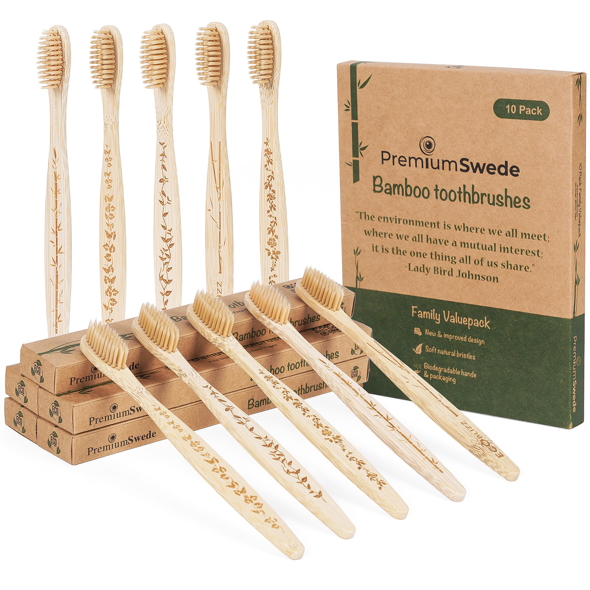 Eco-Friendly Bamboo Toothbrushes for Adults & Kids - Biodegradable Soft Bristle Toothbrushes, Natural Wooden Handle - 10 Pack Family Set for Home, Travel & Sustainable Oral Care
