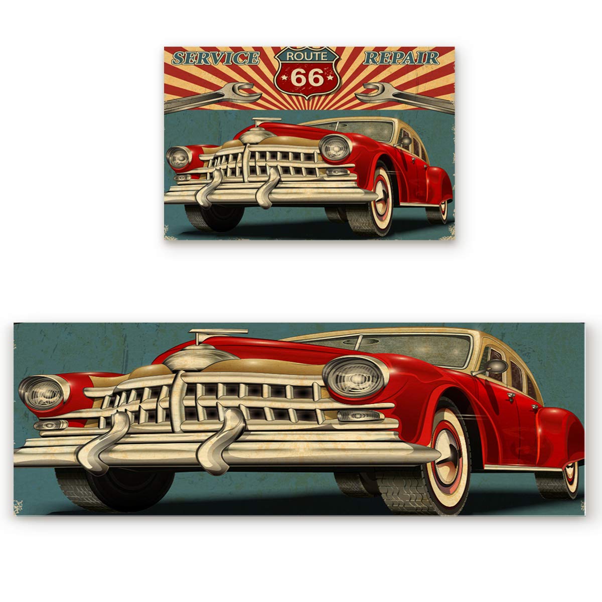 LOVE HOME DAY 2-Piece Non-Slip Vintage Route 66 Area Rug Set - Absorbent Kitchen Mats & Runner Rugs for Floors, Garage, Entryway - American Retro Classic Car Design for Indoor Use