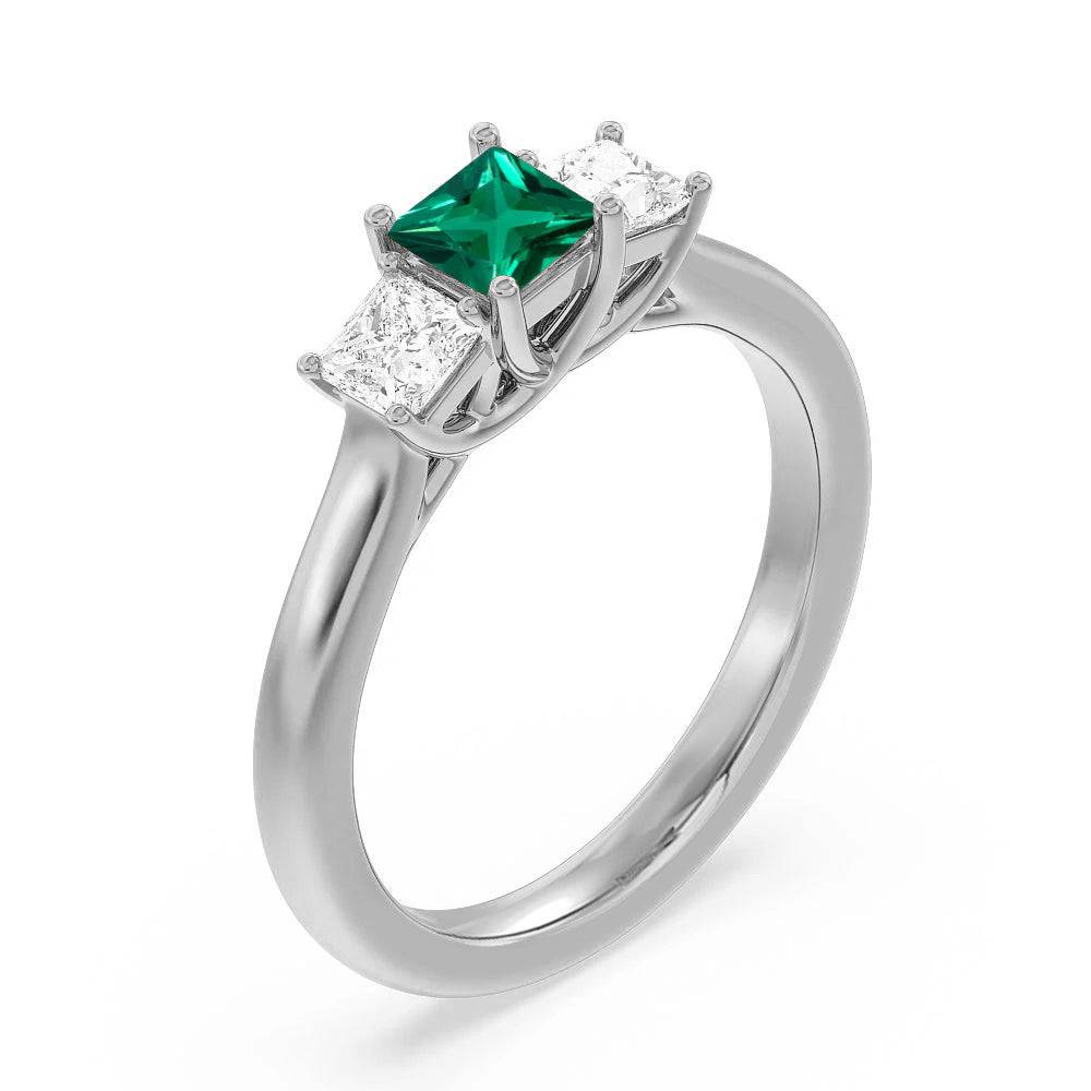 Lab Grown Emerald & Princess Cut Diamond Three Stone Ring - Elegant Engagement, Wedding, or Anniversary Jewelry Gift for Her