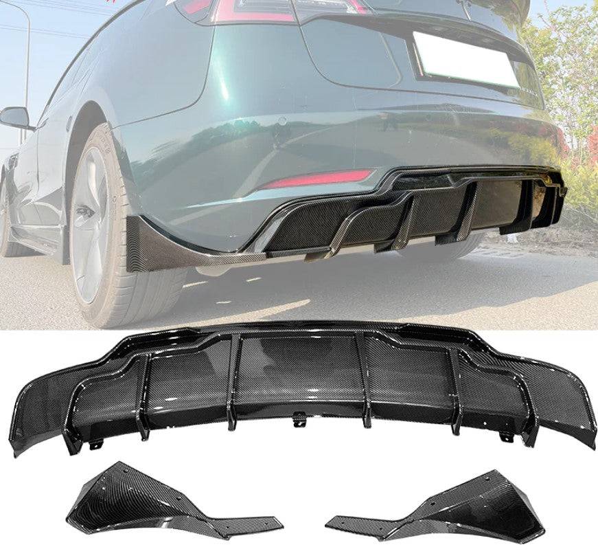 IKON Style Rear Diffuser Bumper Lip for 2017-2023 Tesla Model 3 - 3PC Carbon Fiber Apron Kit - Enhance Aerodynamics & Sporty Look for Street Racing & Car Shows