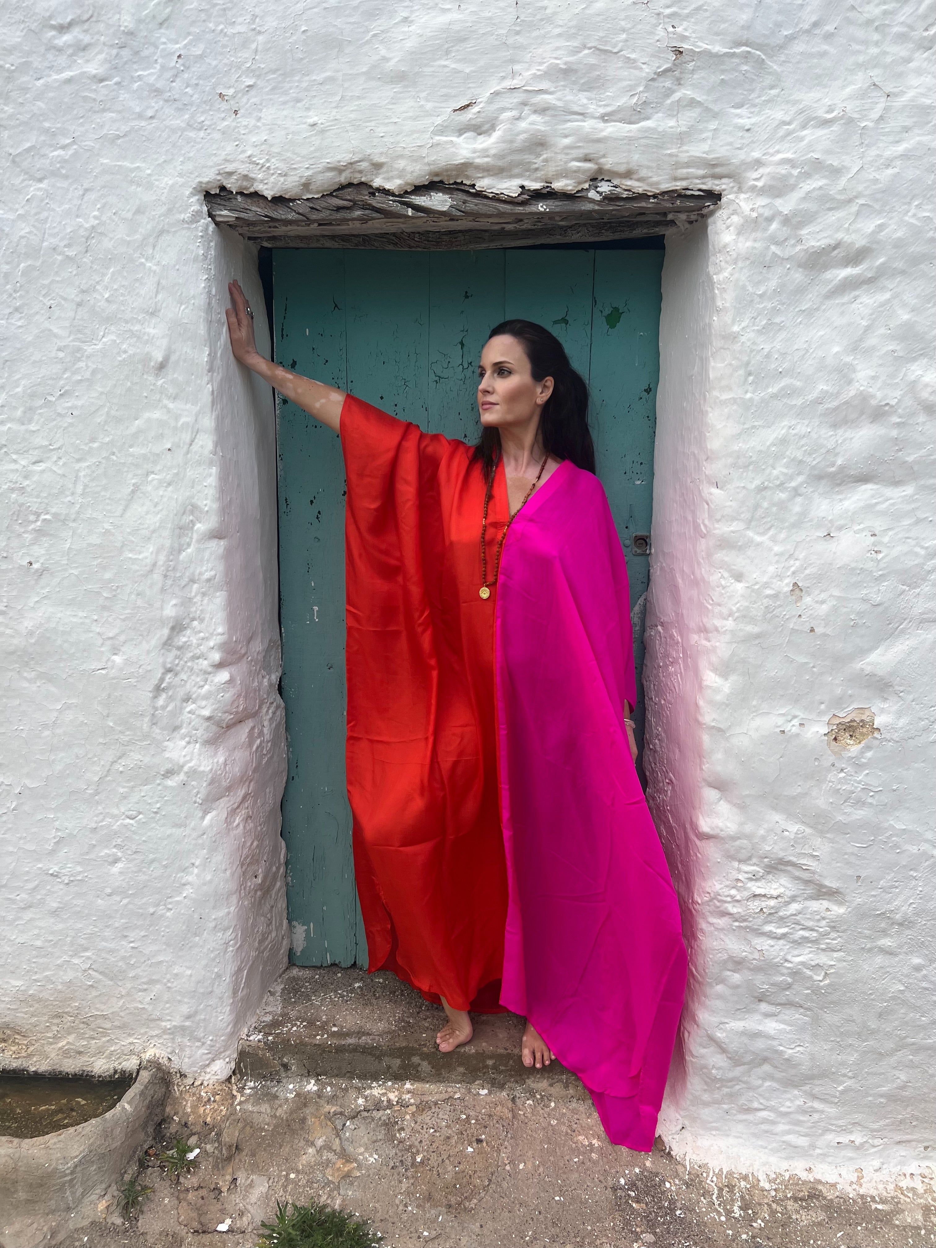 Stylish Orange & Pink Silk Kaftan Dress for Women - Elegant Summer Beach Cover Up, Boho Chic Loungewear, Poolside Resort Wear