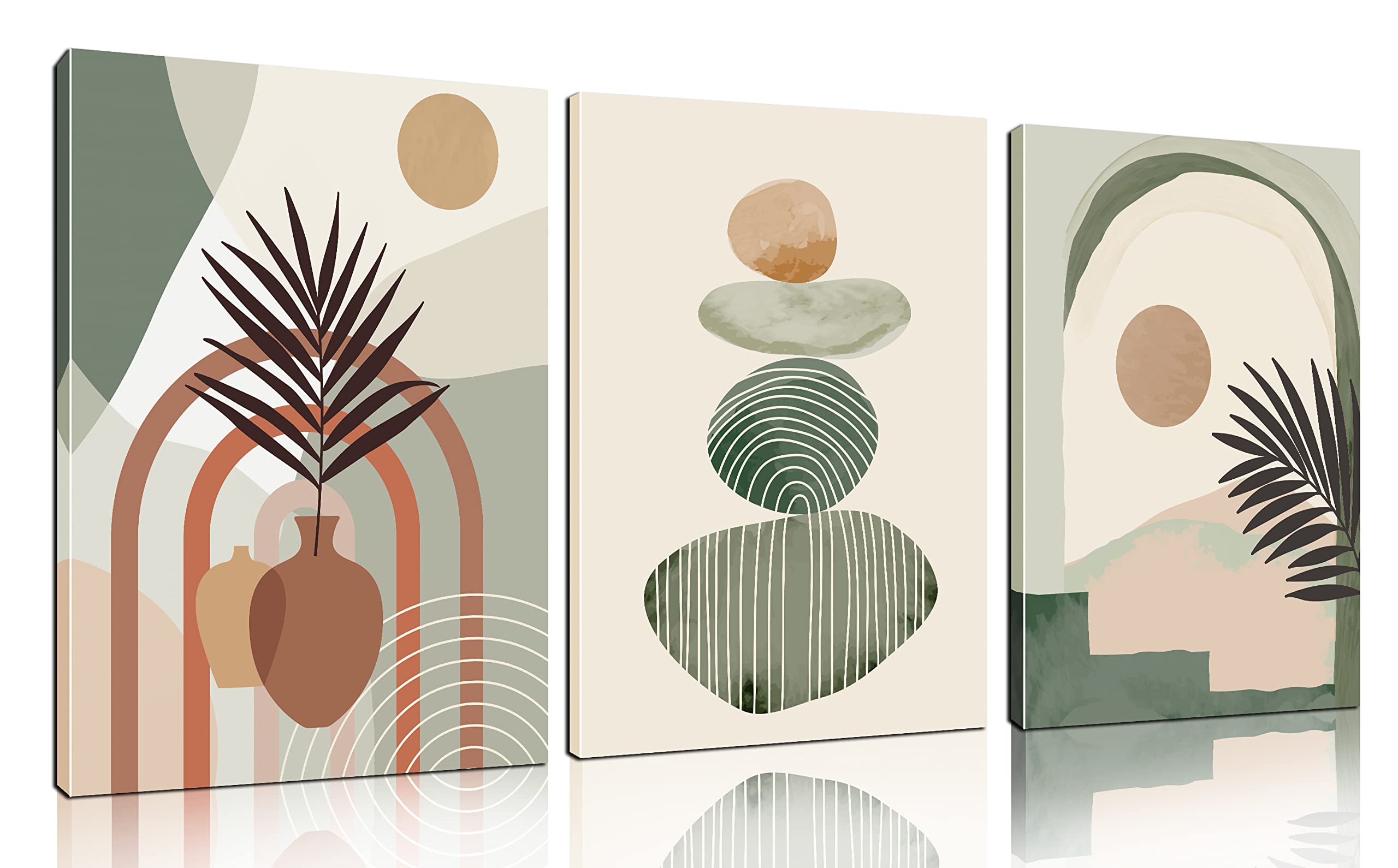 Boho Wall Art Decor Set of 3 - Green Canvas Paintings for Bedroom, Living Room & Office - 16x12 Inch Framed Ready to Hang Abstract Nature Artwork - Perfect for Home Decor, Housewarming Gifts & Interior Design