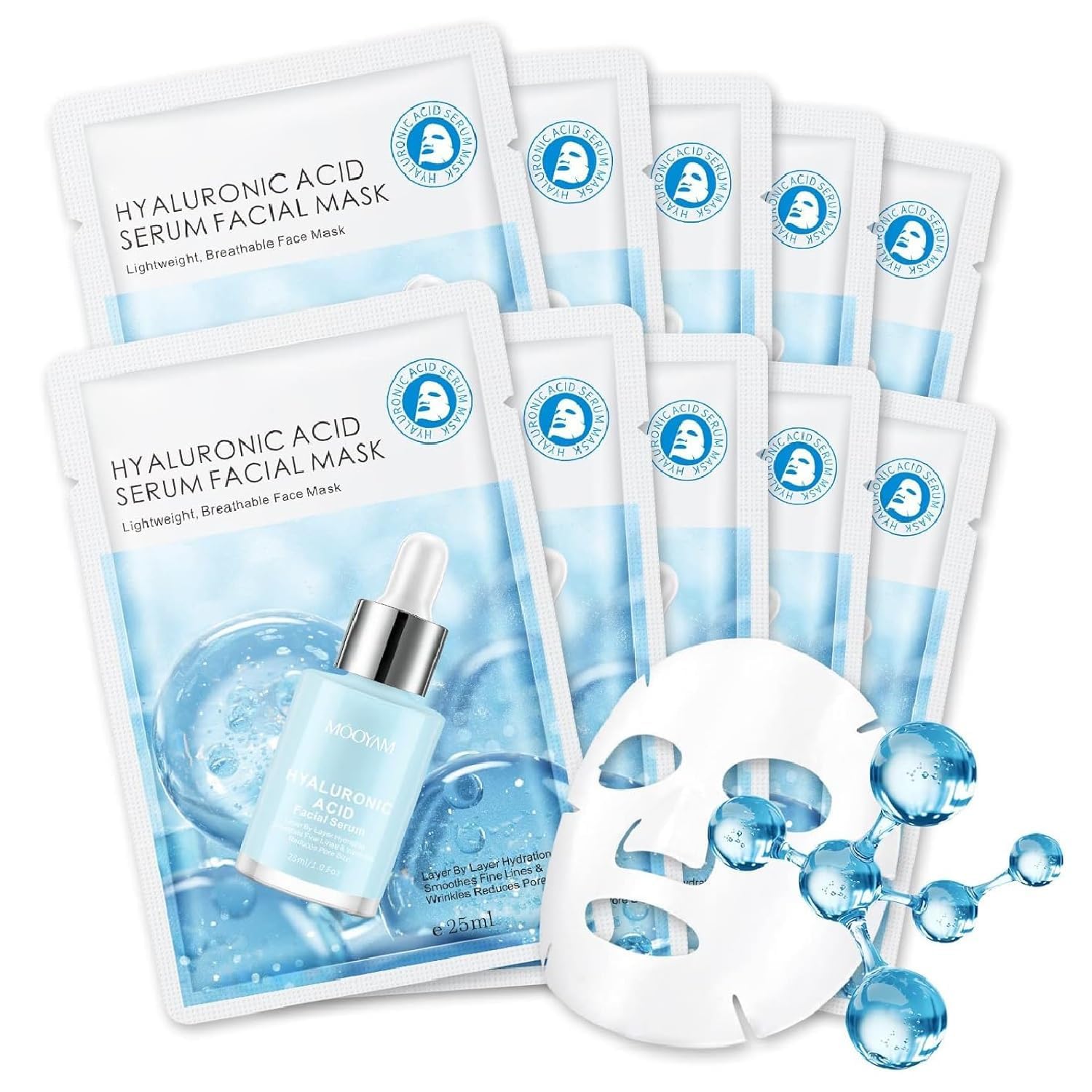 Hydrating Hyaluronic Acid Face Masks 10 Pack - Deep Moisturizing Facial Sheet Masks for All Skin Types, Smoothing & Rejuvenating Skincare - Perfect for Daily Hydration, Spa Days & Christmas Gifts for Women