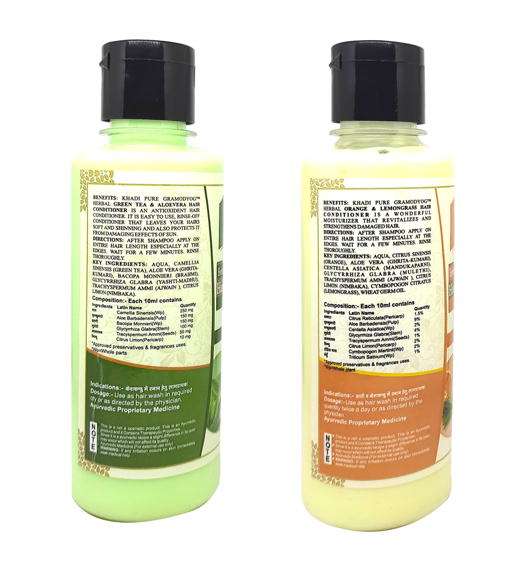 Khadi Pure Green Tea & Aloe Vera Hair Conditioner + Orange & Lemongrass Hair Conditioner Combo - 420ml (Pack of 2) | Natural Ayurvedic Hair Care for Dry & Damaged Hair | Perfect for Daily Use & Scalp Nourishment