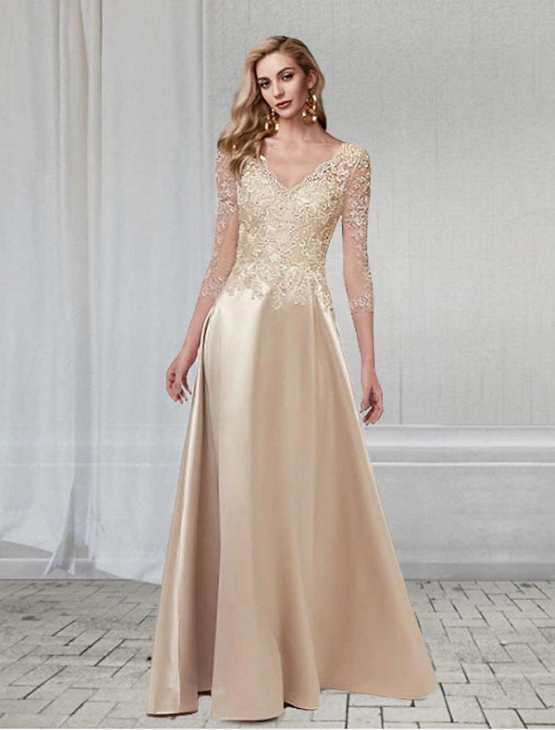 Elegant A-Line Wedding Guest Dress - V-Neck 3/4 Sleeve Floor-Length Chiffon Gown with Appliques for Formal Evening Events, Parties & Special Occasions