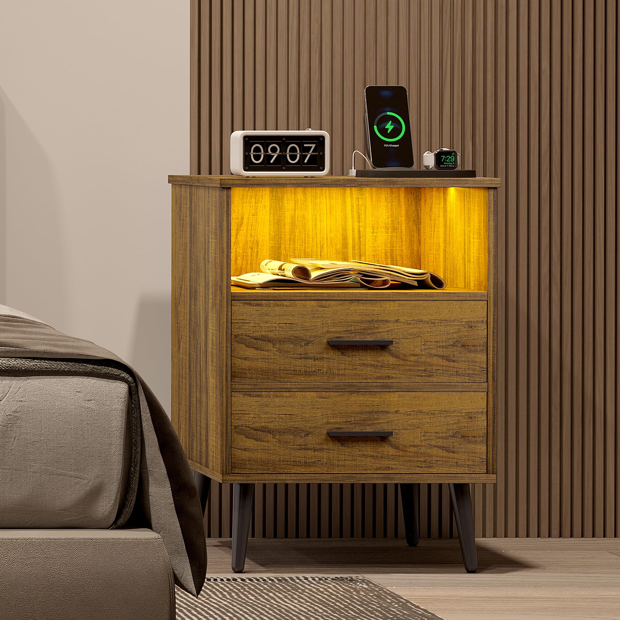 LVSOMT Set of 2 Mid Century Modern Nightstands with Charging Station, USB Ports & 2 Drawers - Rustic Brown Bedside Tables with Open Shelf for Bedroom - Perfect for Smartphone Charging & Bedroom Storage Organization