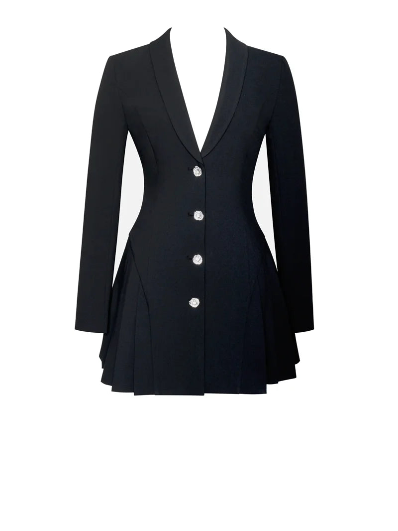 Women's Autumn Black Blazer Mini Dress - V Neck, Single-Breasted, Long Sleeve, High Waist Pleated Sexy Dress for Office, Party & Date Night