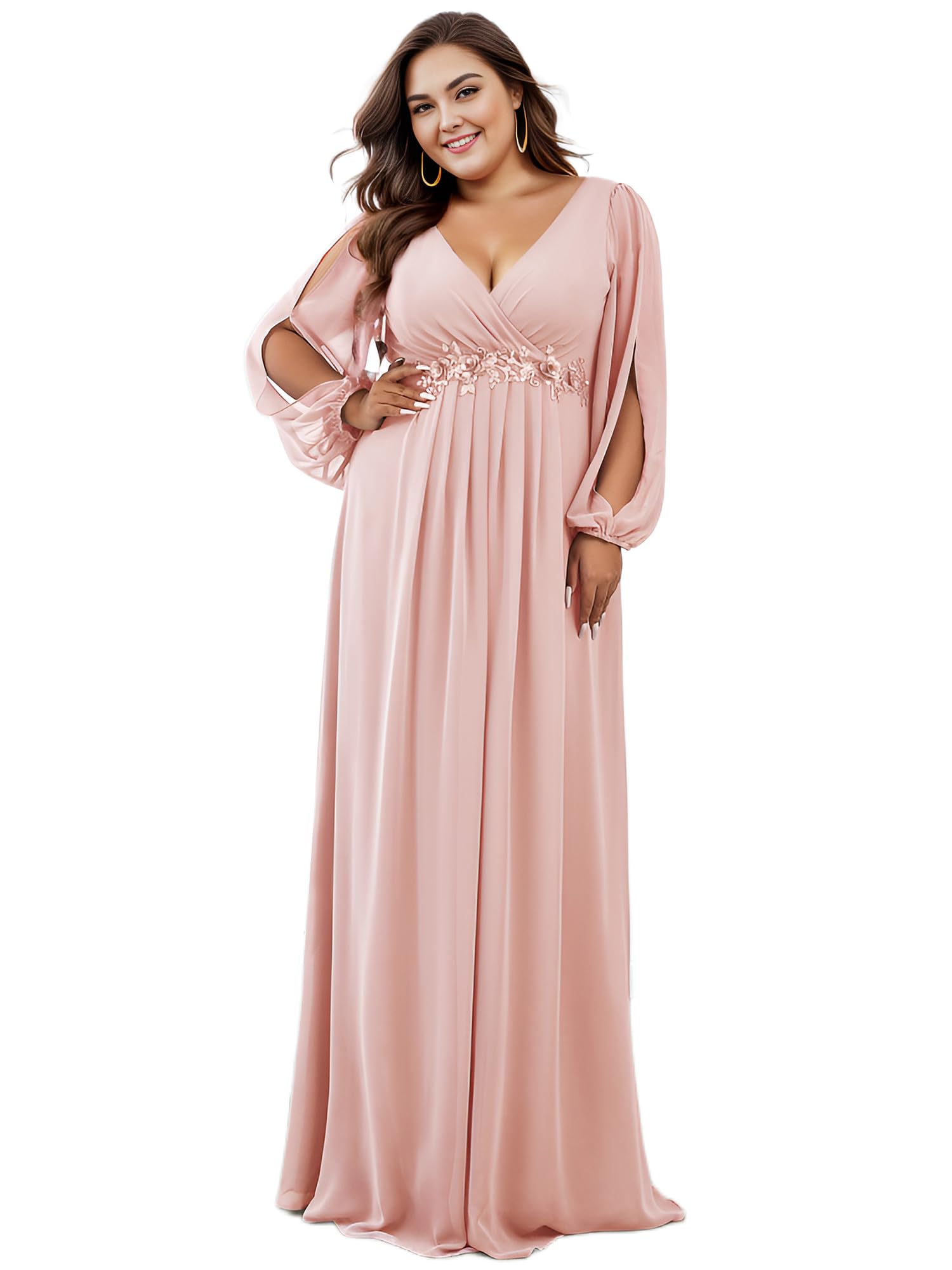 Ever-Pretty Plus Size Women's Formal Dress - Floor Length V-Neck Floral Applique Lantern Sleeve Gown for Curvy Women | Wedding Guest, Prom, Evening Party, Special Occasion