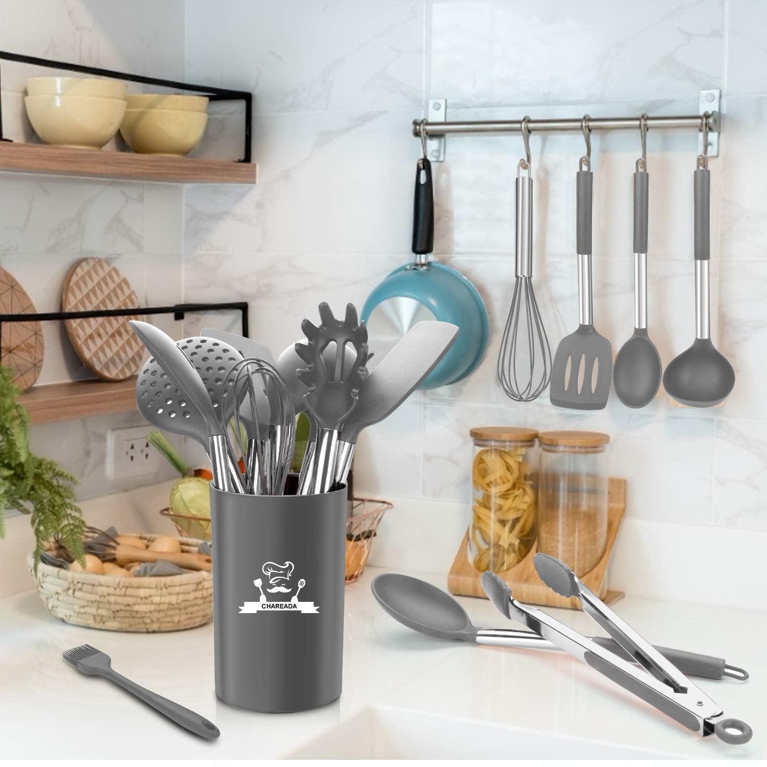 Premium 14-Piece Silicone Cooking Utensil Set - Non-Stick, Heat Resistant Kitchen Tools with Copper Stainless Steel Handles (Turner, Tongs, Spatula, Spoon) - BPA Free & Non-Toxic Cookware for Baking, Frying & Everyday Cooking