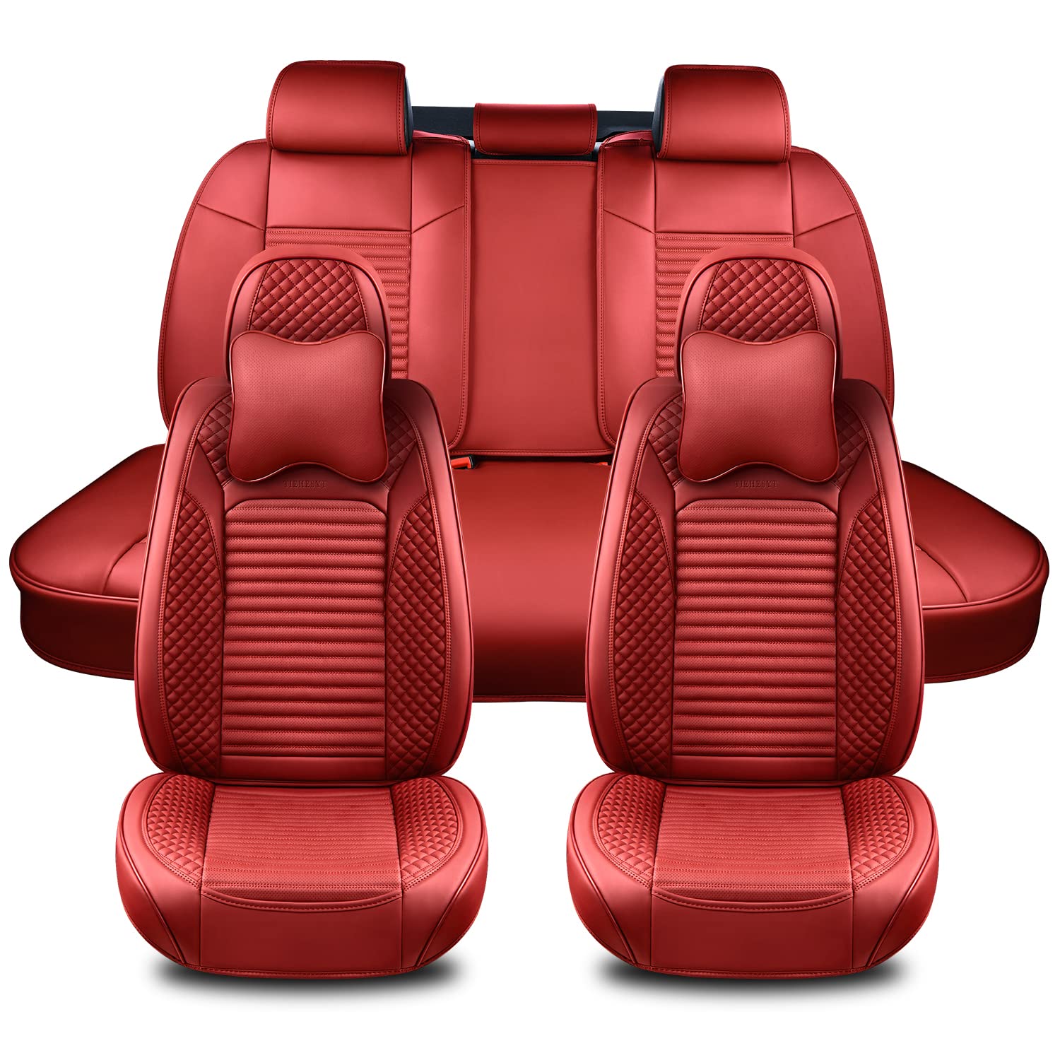5-Piece Waterproof Leather Car Seat Covers Set - Front & Back Seat Protectors for Sedans, SUVs & Trucks | All-Weather Protection & Stylish Striped Red Design | Perfect for Daily Commutes, Road Trips & Family Travel