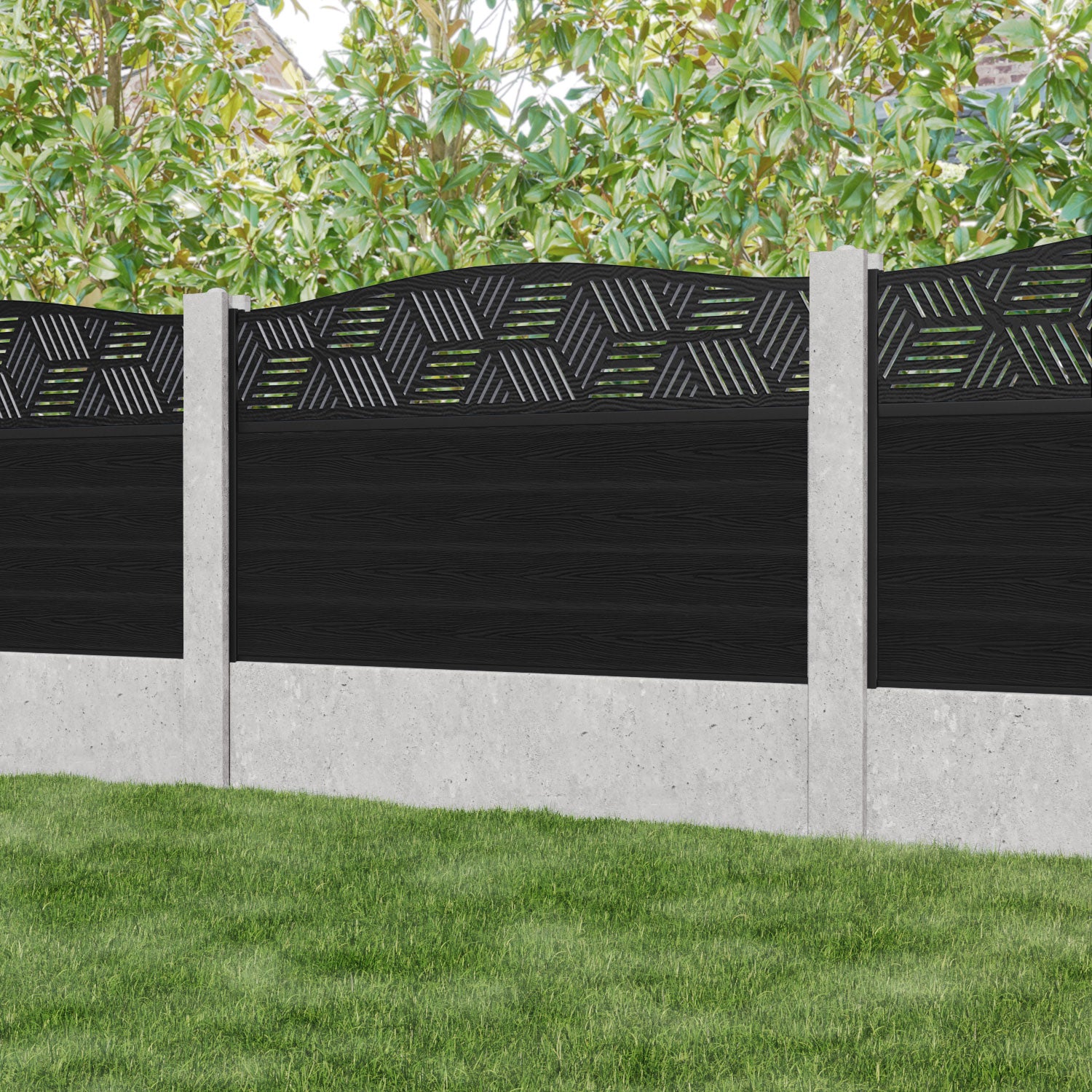 Classic Black Cubed Curved Top Fence Panel for Concrete Posts - Durable Garden Fencing for Backyard Privacy and Decoration