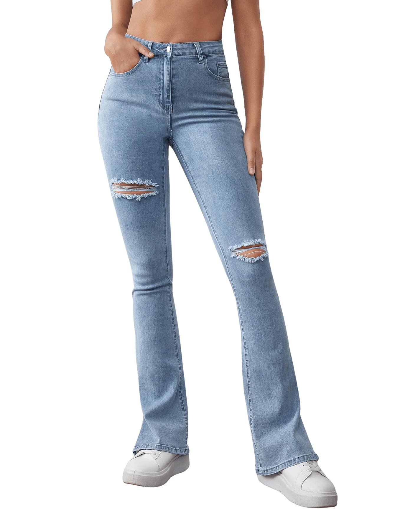 Floerns Women's High Waist Distressed Flare Jeans - Vintage Ripped Denim Pants for Casual Outfits & Street Style Fashion