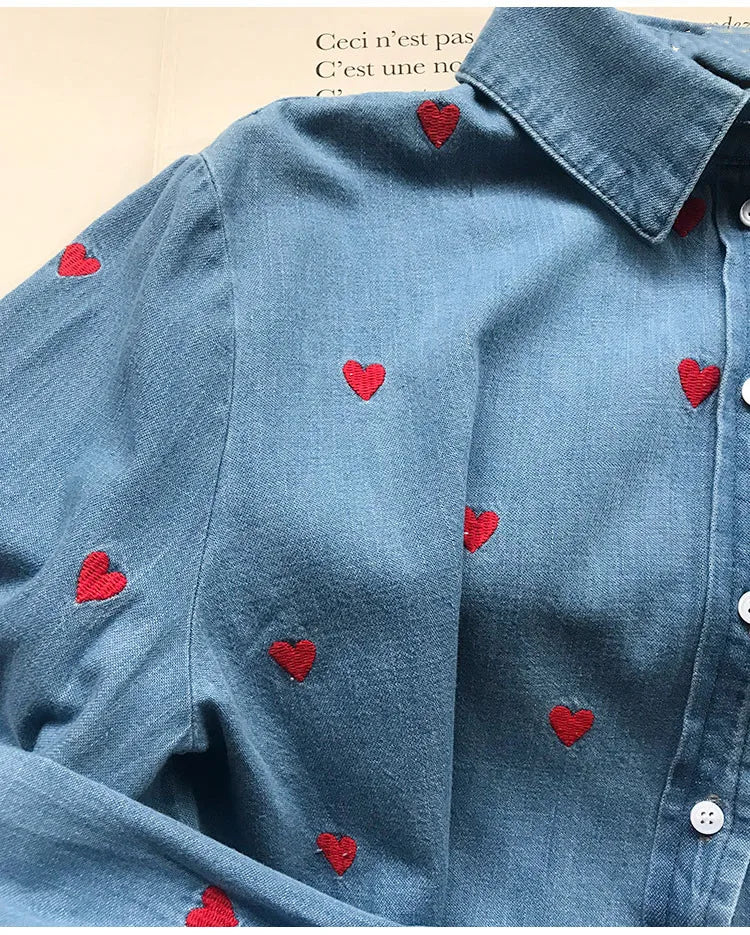 Women's Heart Embroidery Denim Shirt - Turn Down Collar Long Sleeve Blouse for Valentine's Day Gifts | Casual Wear, Date Night Outfit, Romantic Occasion Fashion