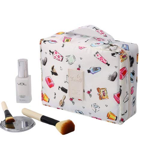 SKYFUN Waterproof Large Capacity Makeup Brush Organizer - Portable Cosmetic Bag for Travel with Multiple Pockets & Inner Pouch | Cute Printed Toiletry Case for Vacation, Home & Daily Use (White)