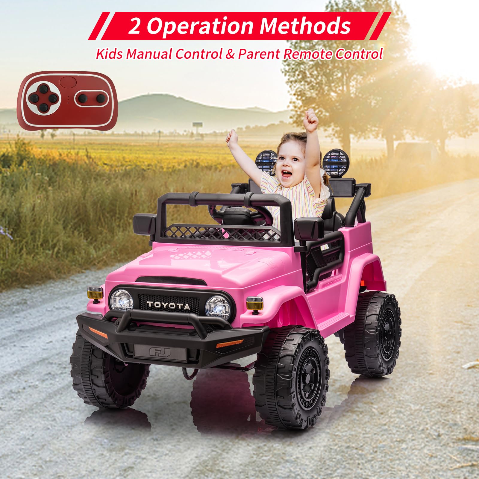 12V Licensed Toyota Ride On Truck for Kids - Battery Powered Electric Car with Remote Control, Music, LED Lights & Safety Belt | Pink Kids Ride-On Toy for Indoor & Outdoor Play, Birthday Gifts