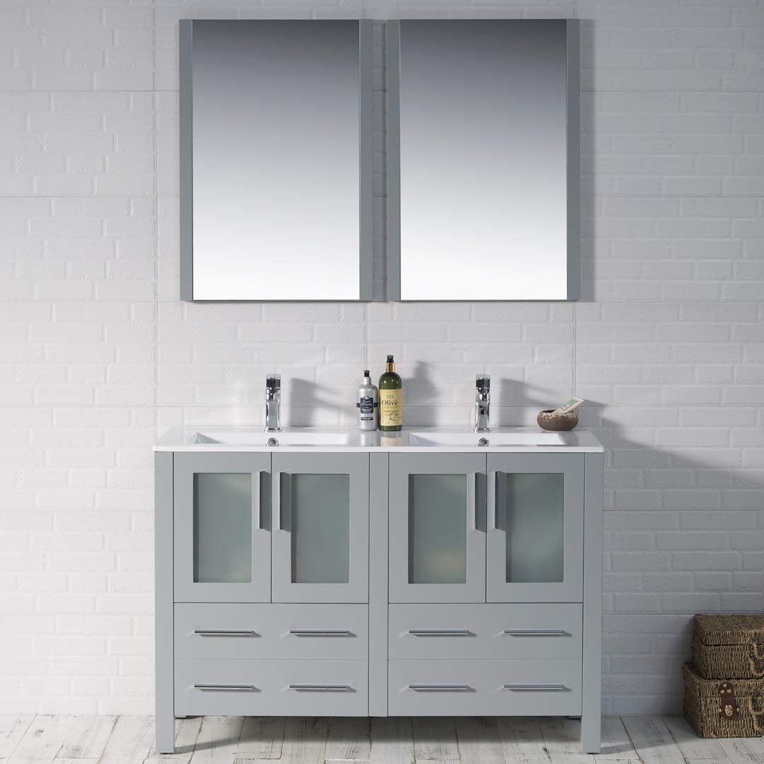 48-Inch All-Wood Single Bathroom Vanity with Ceramic Sink - Double Ceramic Top in Metal Grey | Modern Bathroom Storage Solution for Small Spaces, Powder Rooms & Guest Baths
