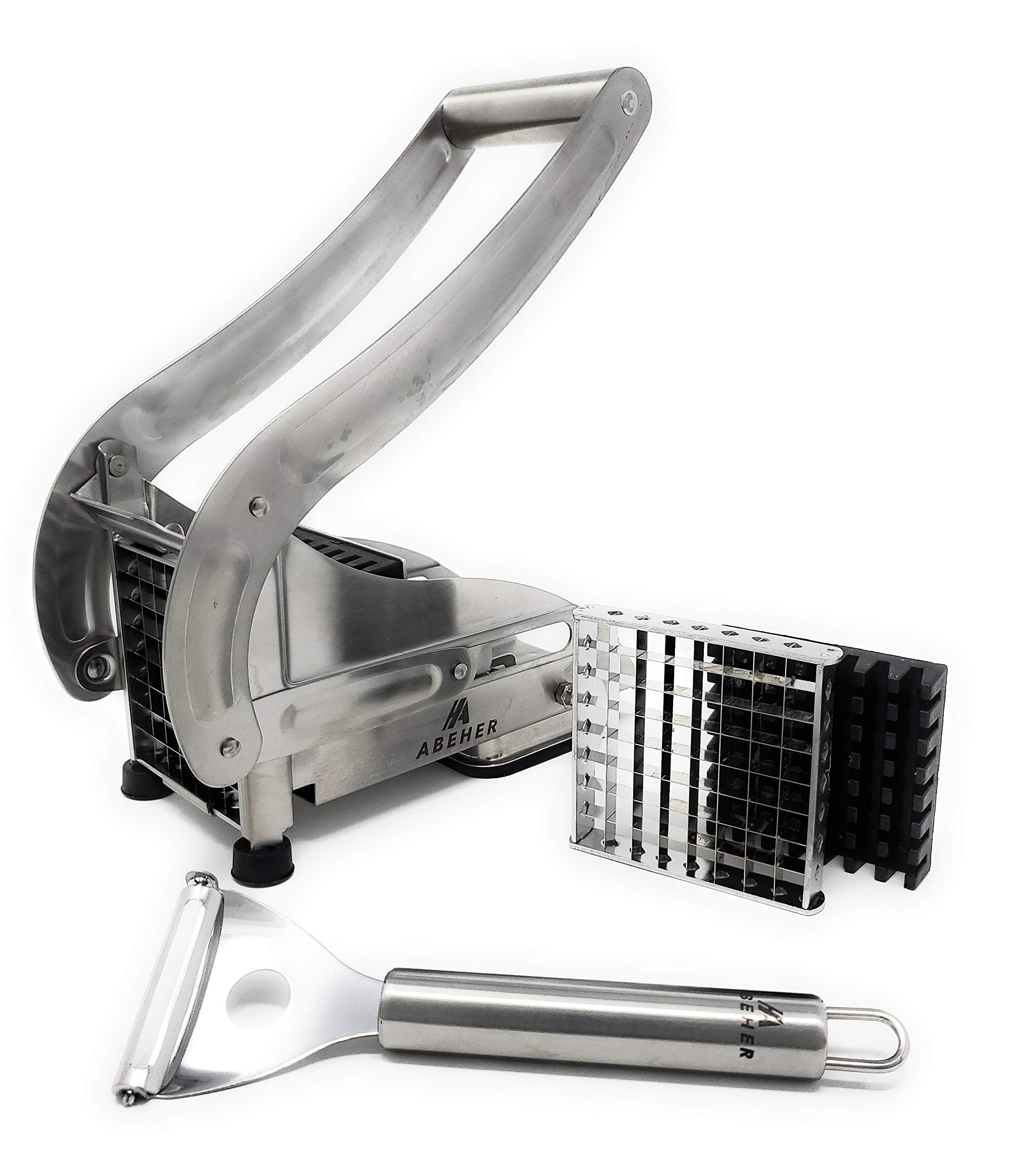 Commercial Grade Stainless Steel French Fry Cutter with 2 Blade Sizes - Heavy Duty Potato Slicer, Dicer & Chopper for Perfect Fries - Non-Slip Suction Base for Kitchen & Restaurant Use