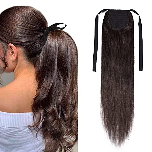 100% Real Human Hair Ponytail Extensions 14 Inch 80g - Dark Brown (#02) with Comb & Ribbon Wrap for Women | Long Straight Hair Ties for Everyday Wear, Parties & Special Occasions
