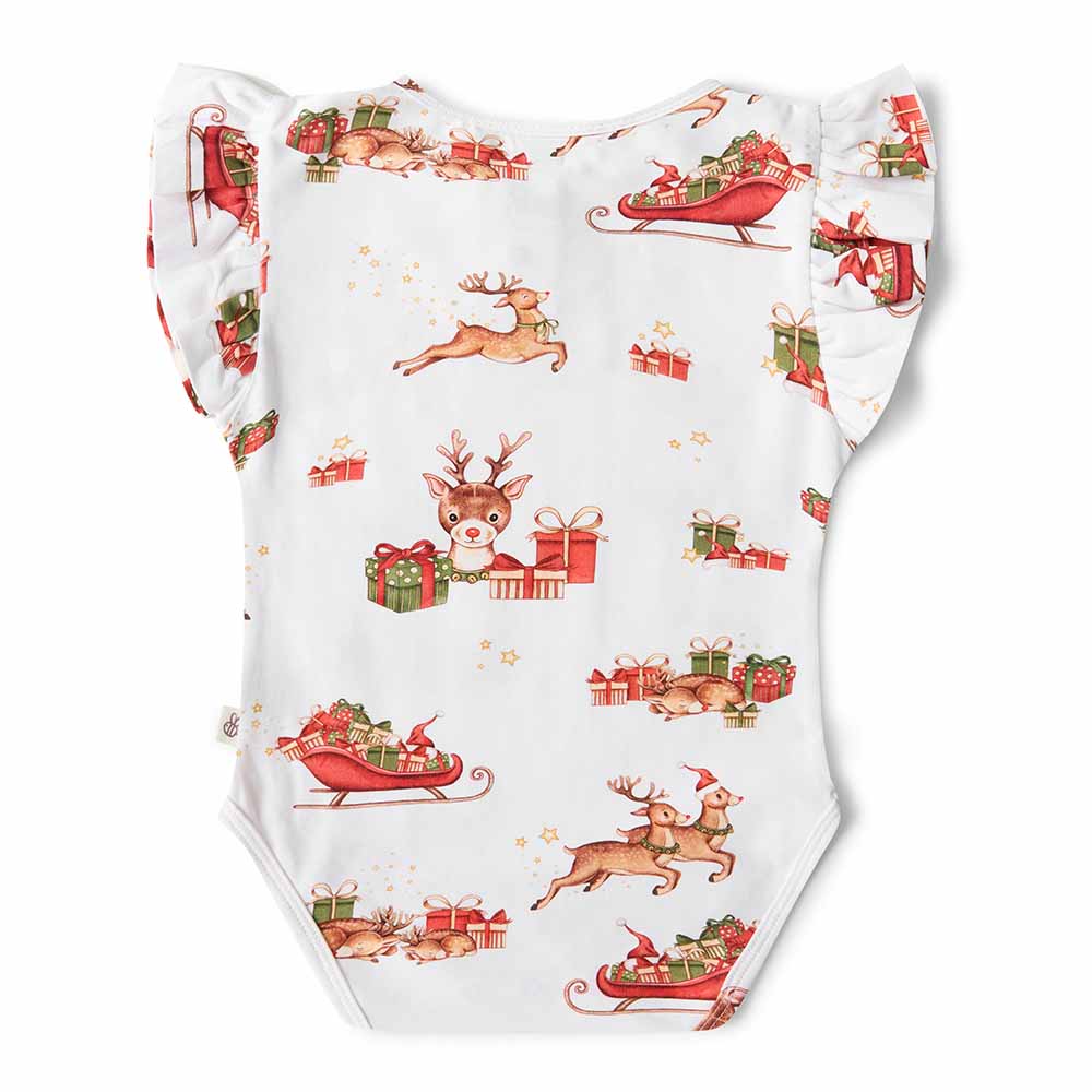 Snuggle Hunny Organic Cotton Short Sleeve Frill Bodysuit with Reindeer Print - Soft Baby Onesie for Christmas & Winter Outfits