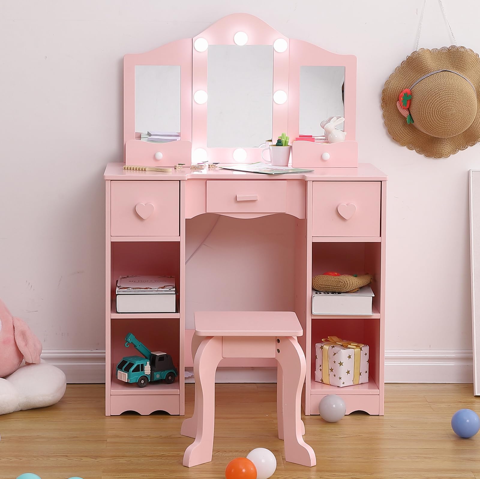 **Pink Princess Vanity Table for Girls - Kids Makeup Dressing Table with Tri-Fold Mirror, Drawer & Storage Shelves, Includes Chair - Perfect for Toddler Pretend Play, Birthday Gifts & Bedroom Decor**
