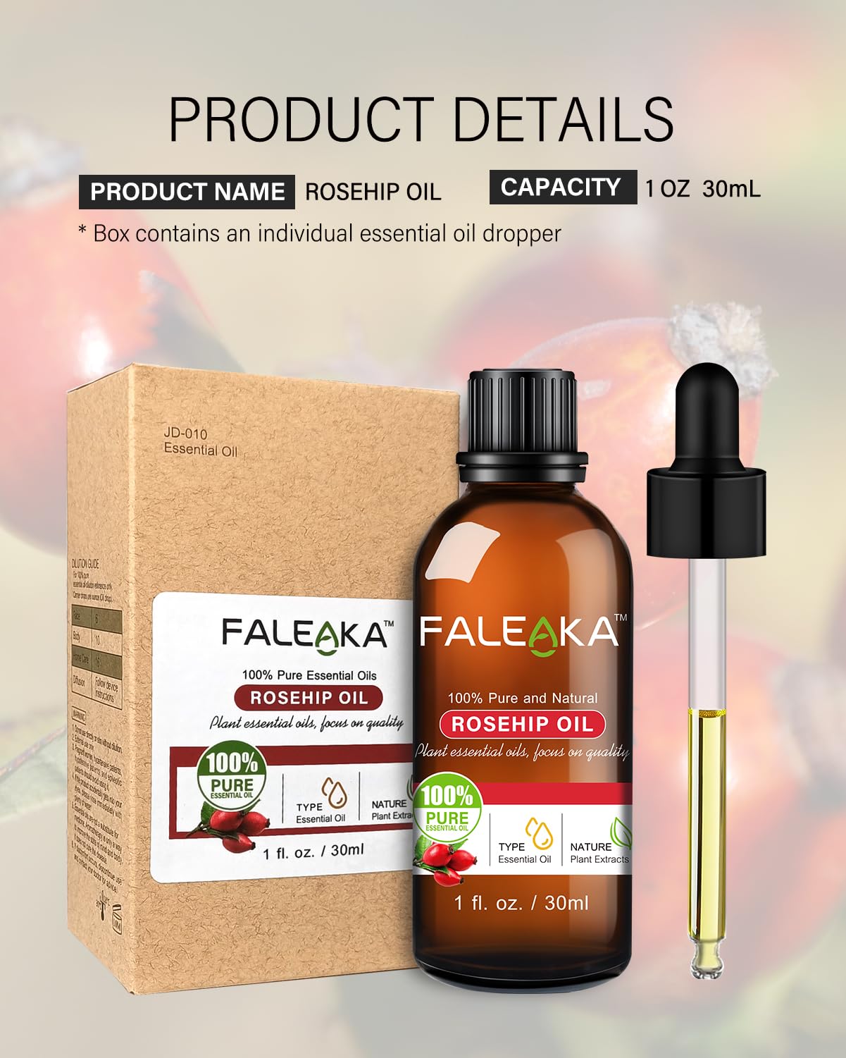 Organic Rosehip Oil for Face & Skin - 100% Pure Cold Pressed Rosehip Seed Oil - Natural Anti-Aging, Moisturizing & Scar Treatment - Perfect for Dry Skin, Wrinkles & Stretch Marks