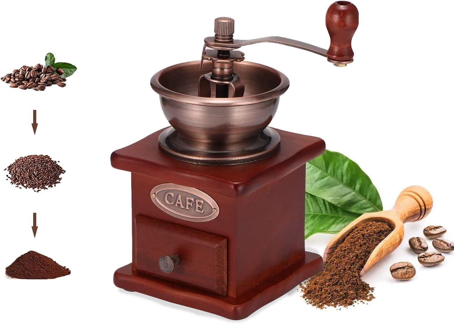 Adjustable Manual Coffee Grinder - Vintage Wooden Handheld Burr Mill for Fresh Ground Coffee Beans - Perfect for Home, Kitchen, Office, Camping & Travel - Brew Espresso, French Press or Pour Over Coffee