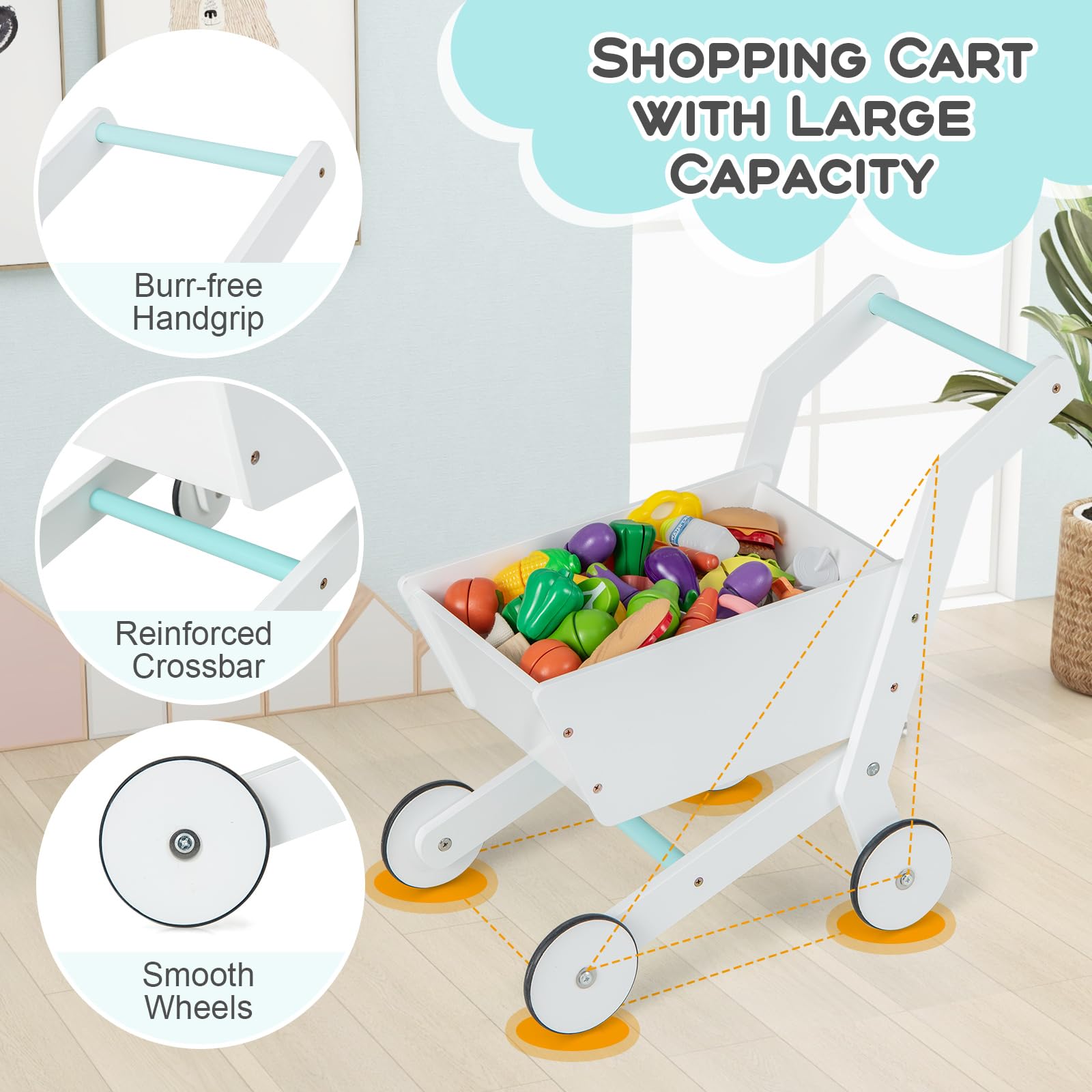 **GLACER Wooden Grocery Store Pretend Play Set for Kids Ages 3+ - Includes 40 Play Food Accessories, Cash Register, Moving Conveyor, Shopping Cart & 3 LED Light Strips - Educational Toy for Role Play & Imagination Development (Perfect for Home, Classroom & Playroom)**
