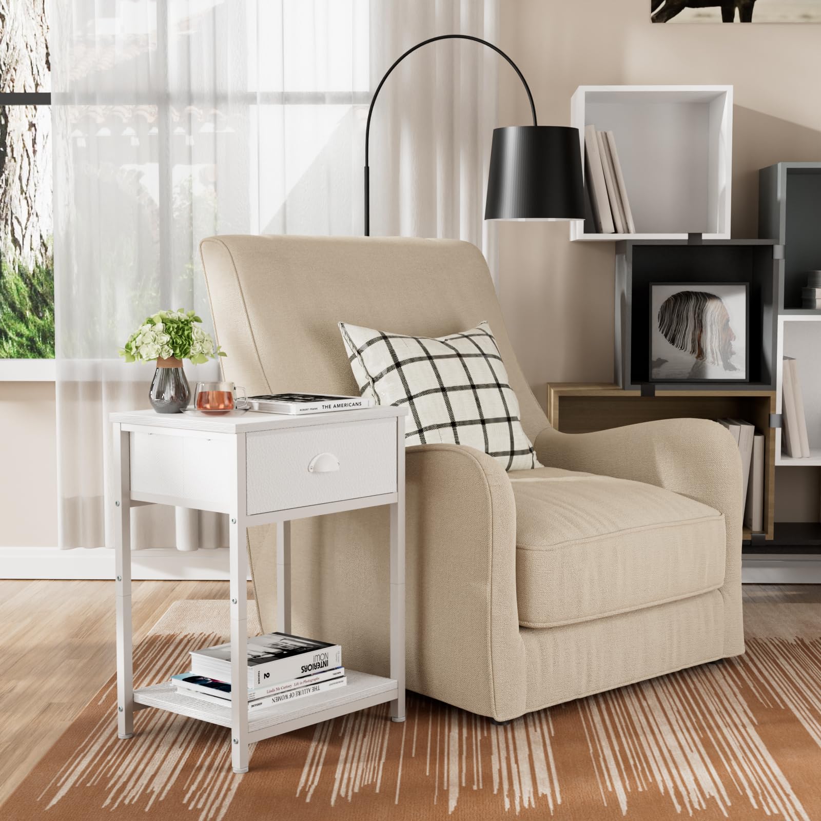 White Nightstand with Fabric Drawer - 2-Tier Small Side Table with Storage Shelves for Bedroom, Living Room, Dorm | Space-Saving End Table for Small Spaces & Apartment Decor