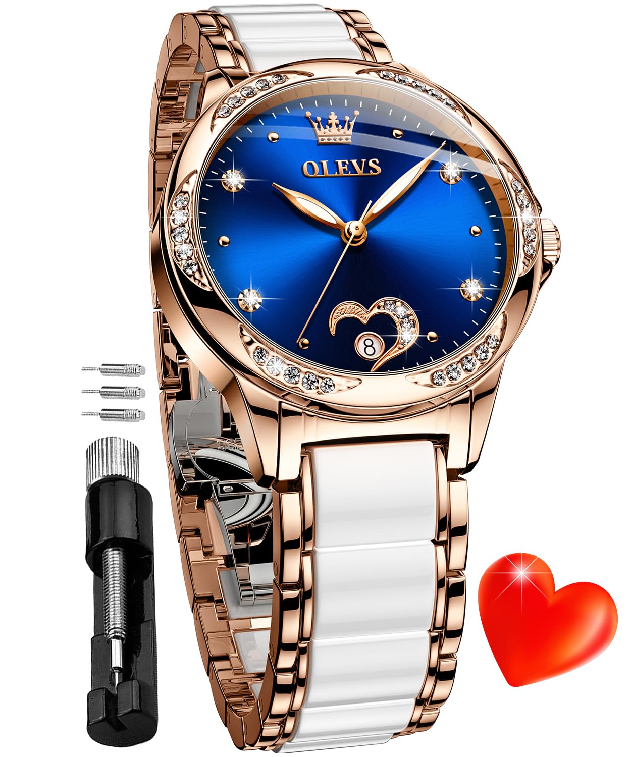 OLEVS Self-Winding Automatic Women's Watch with Diamond Accents - Rose Gold Ceramic Luxury Dress Watch with Heart Date Display | Perfect for Formal Events, Date Nights & Anniversary Gifts