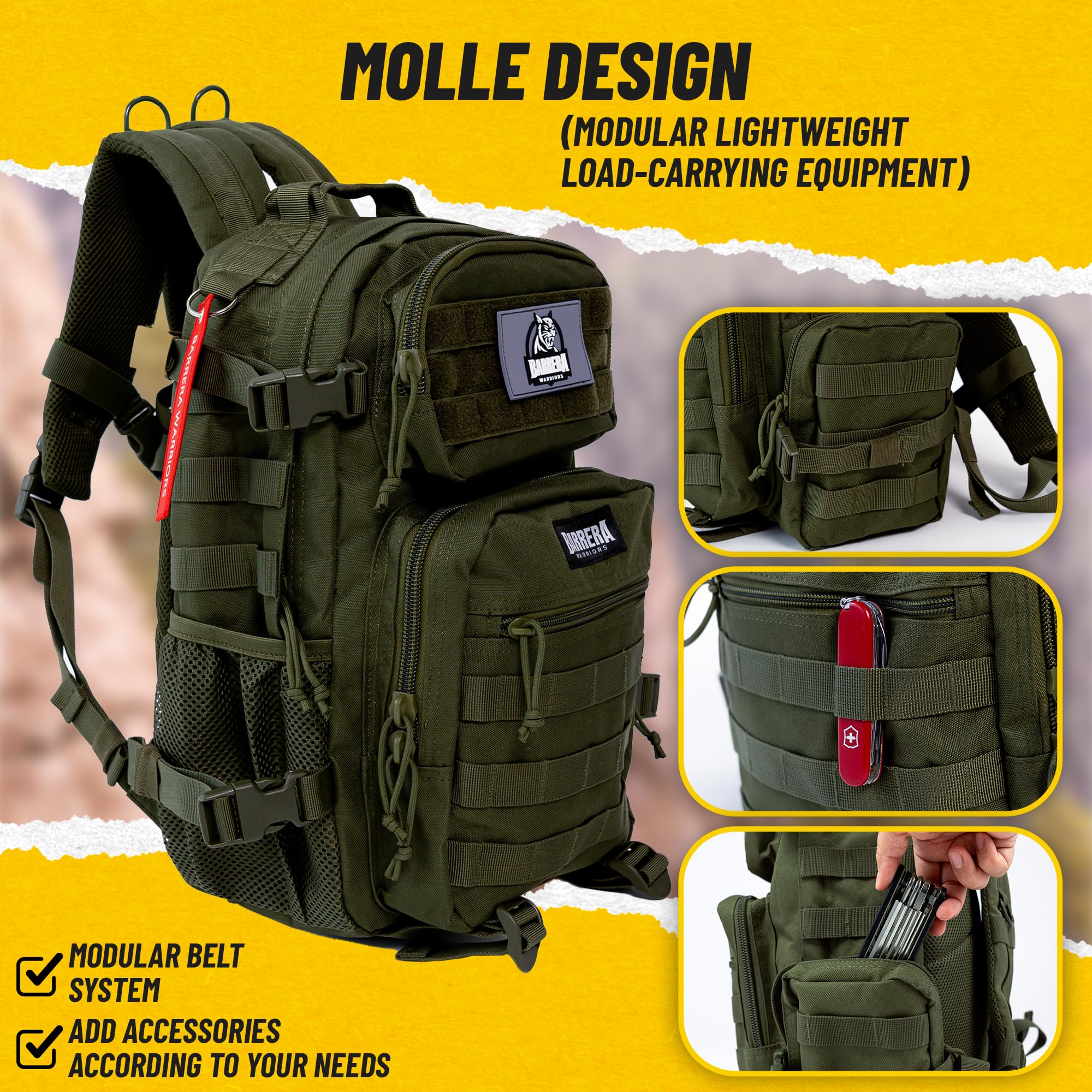 BARRERA Warriors 25L Tactical Backpack - Military Molle Rucksack for Men, Waterproof Laptop Daypack for Hiking, Camping & Travel - Army Green Assault Pack (Perfect for Outdoor Adventures, College & Daily Commute)