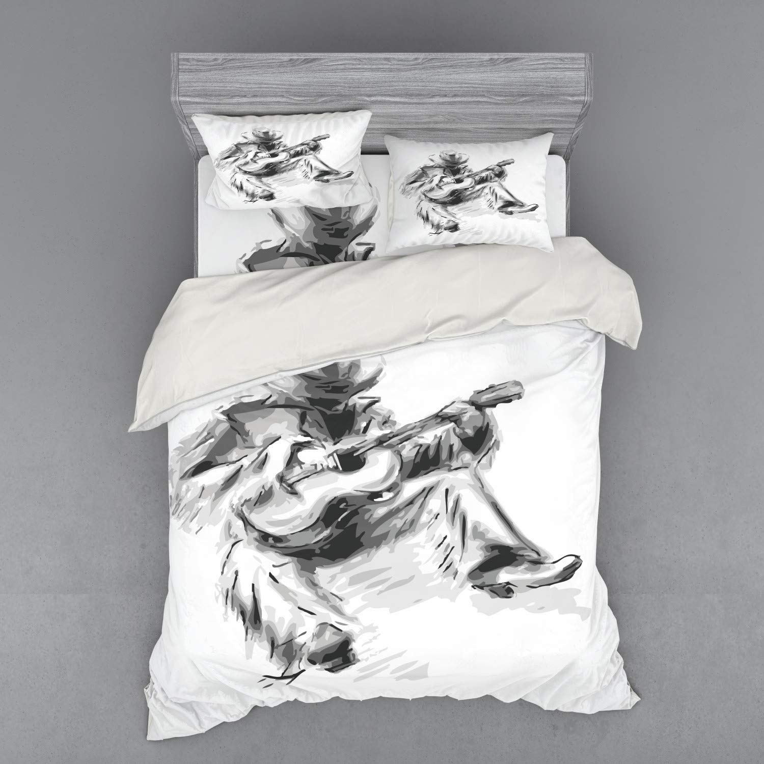 Ambesonne Western Music Bedding Set - Cowboy Playing Guitar Print, 4-Piece Queen Duvet Cover Set with Shams & Fitted Sheet, Black & Pale Grey - Perfect for Country Music Lovers' Bedroom Decor