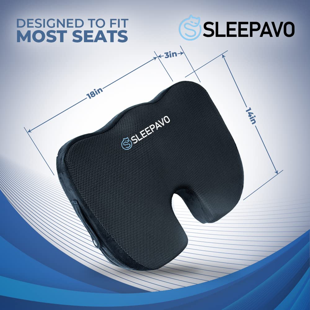 Sleepavo Black Memory Foam Seat Cushion with Cooling Gel - Orthopedic Office Chair Cushion for Sciatica, Coccyx & Lower Back Pain Relief - Ergonomic Lumbar Support for Desk, Car & Wheelchair - Perfect for Work, Driving & Long Sitting Sessions
