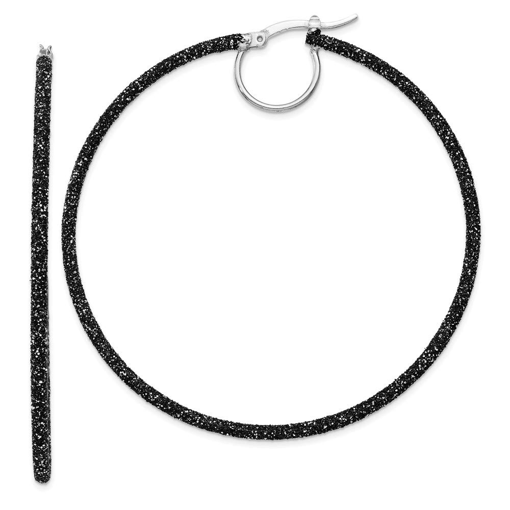925 Sterling Silver Rhodium Plated Black Glitter Enamel Hoop Earrings for Women - Elegant Party & Everyday Jewelry Gift