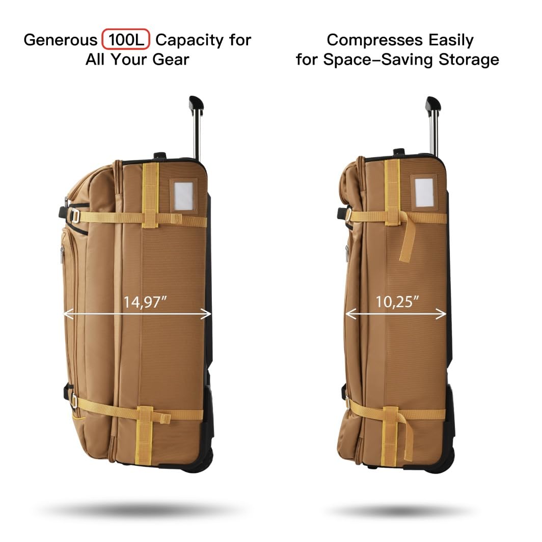 100L Large Rolling Duffle Bag with Wheels - Heavy-Duty Expandable Travel Luggage with 5 Handles & Compression Straps | Perfect for Long Trips, Gym Gear, Camping Equipment & Sports Gear Storage