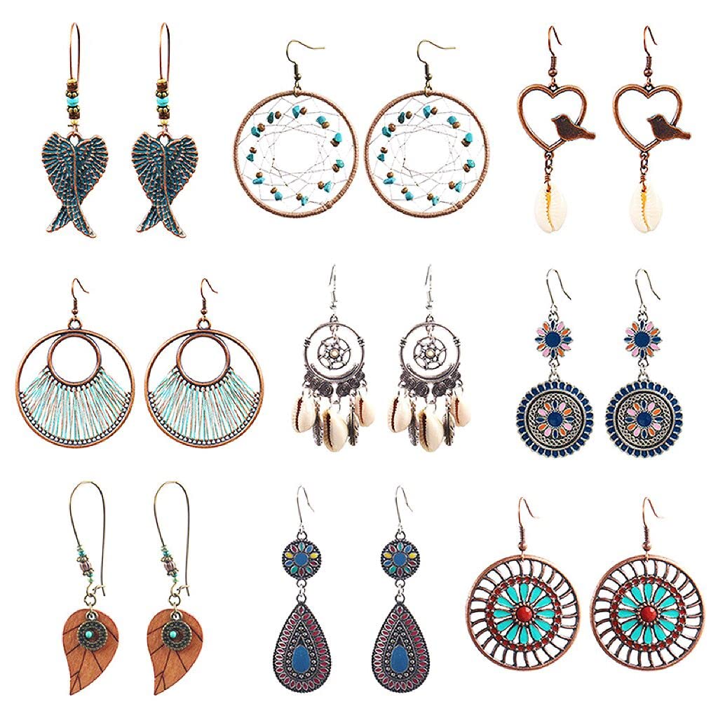 Bohemian Vintage Dangle Earrings for Women - 9 Pairs Hypoallergenic Fashion Earring Set with Dream Catcher & Oil Drop Designs | Perfect for Parties, Weddings and Everyday Wear